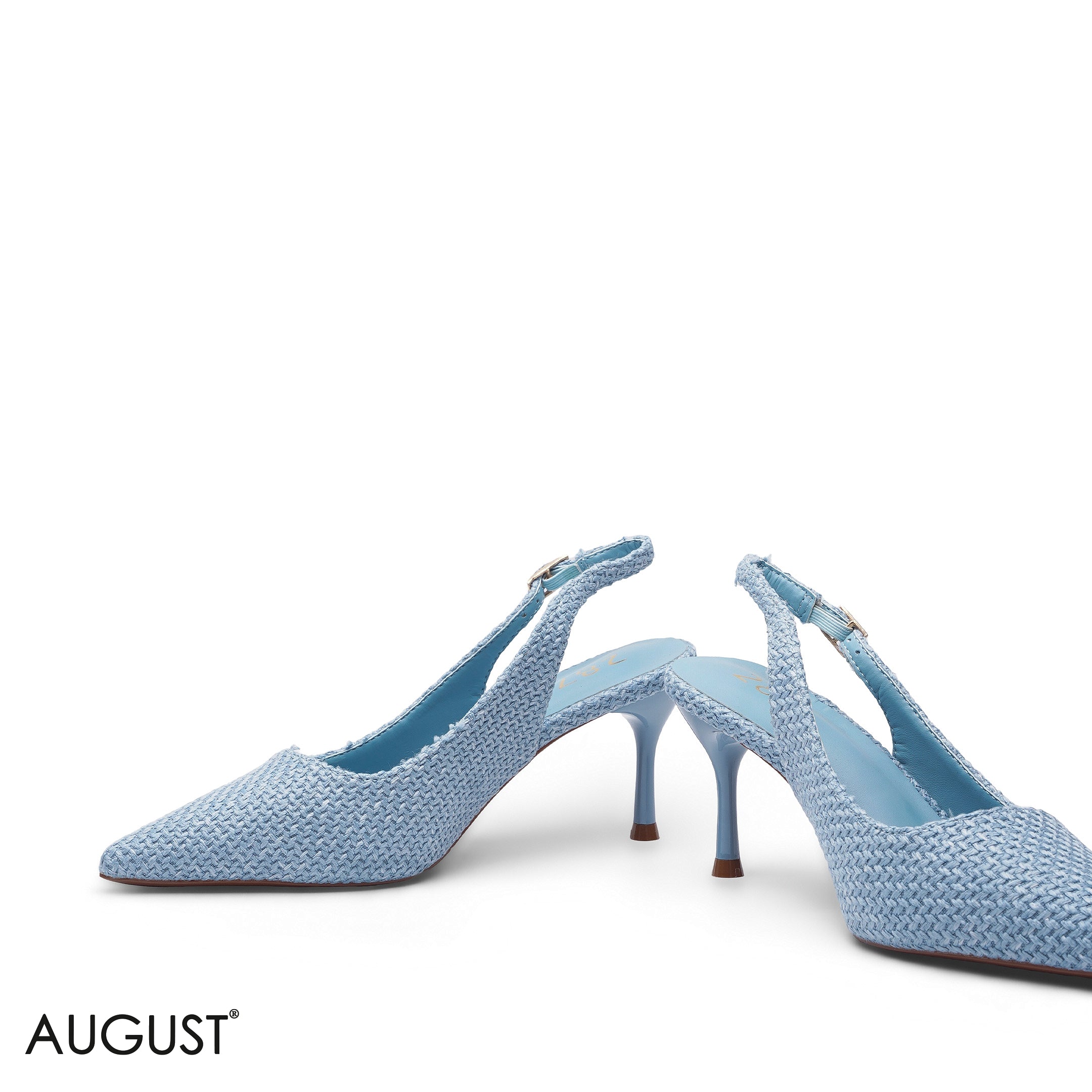 BLUE WOVEN FABRIC POINTED-TOE SLINGBACK HEELS
