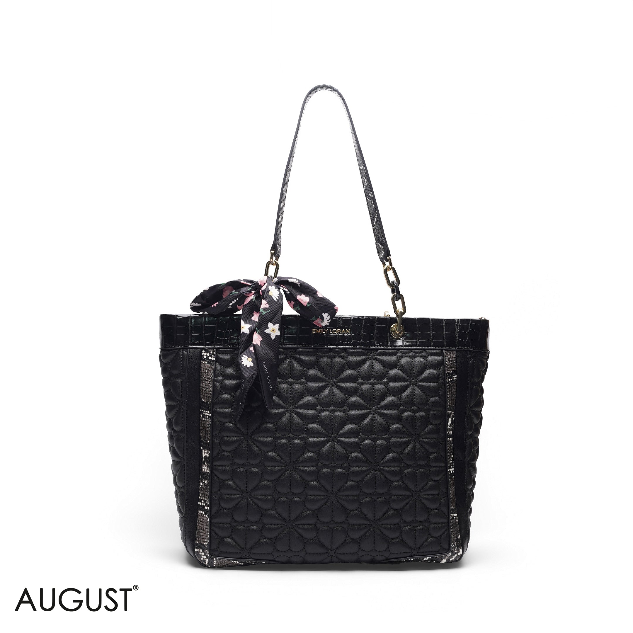 BLACK TOTE BAG WITH FLORAL SCARF - LARGE