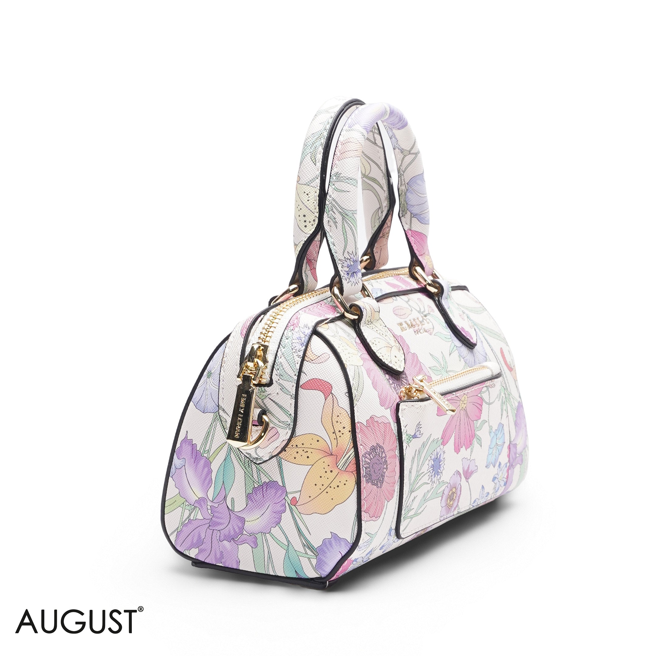 MINI WHITE FLORAL BAG WITH FRONT POUCH & GOLD METAL STRAP
