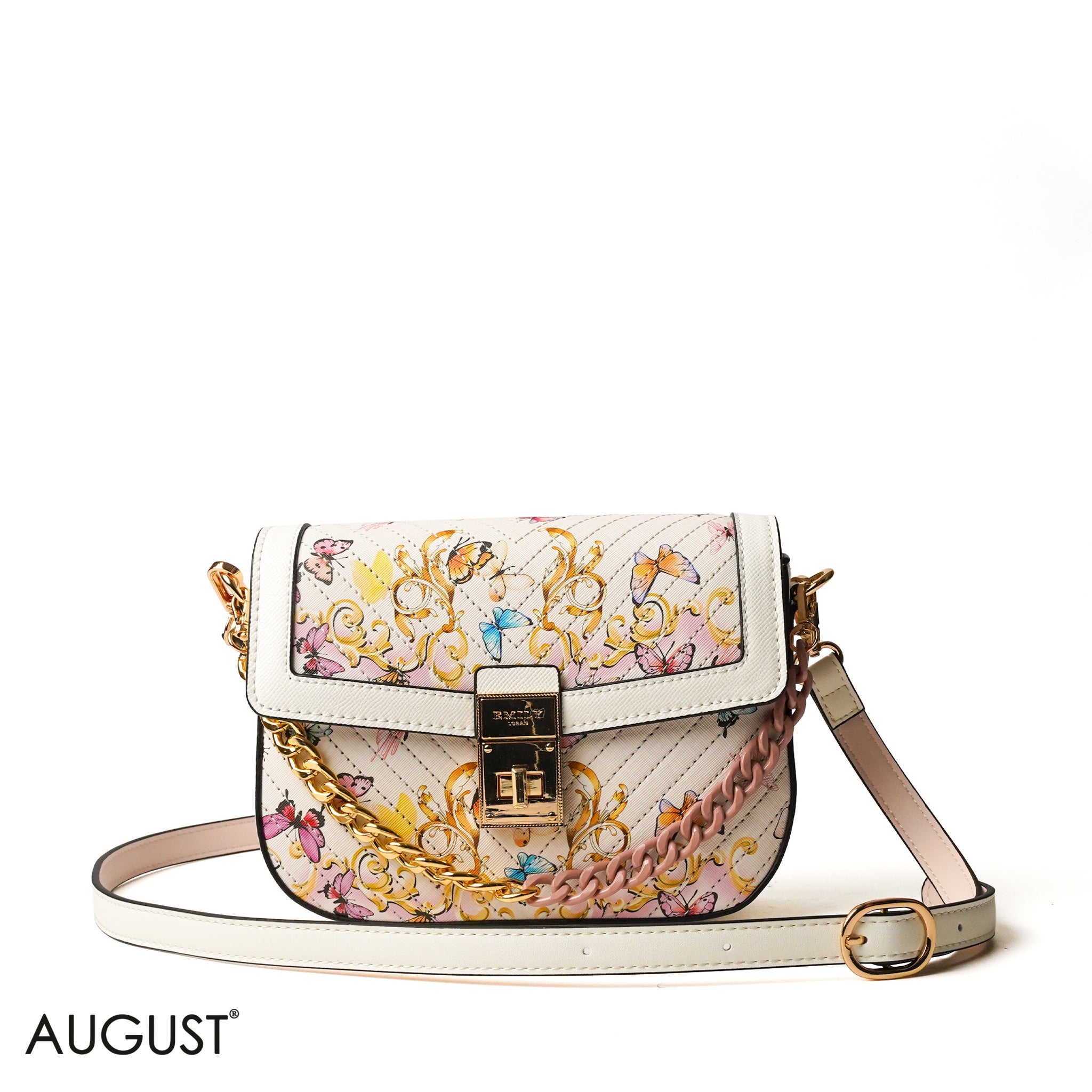 WHITE BUTTERFLY PRINTED CROSS BAG WITH SIMPLE BUFF DESIGN - SMALL