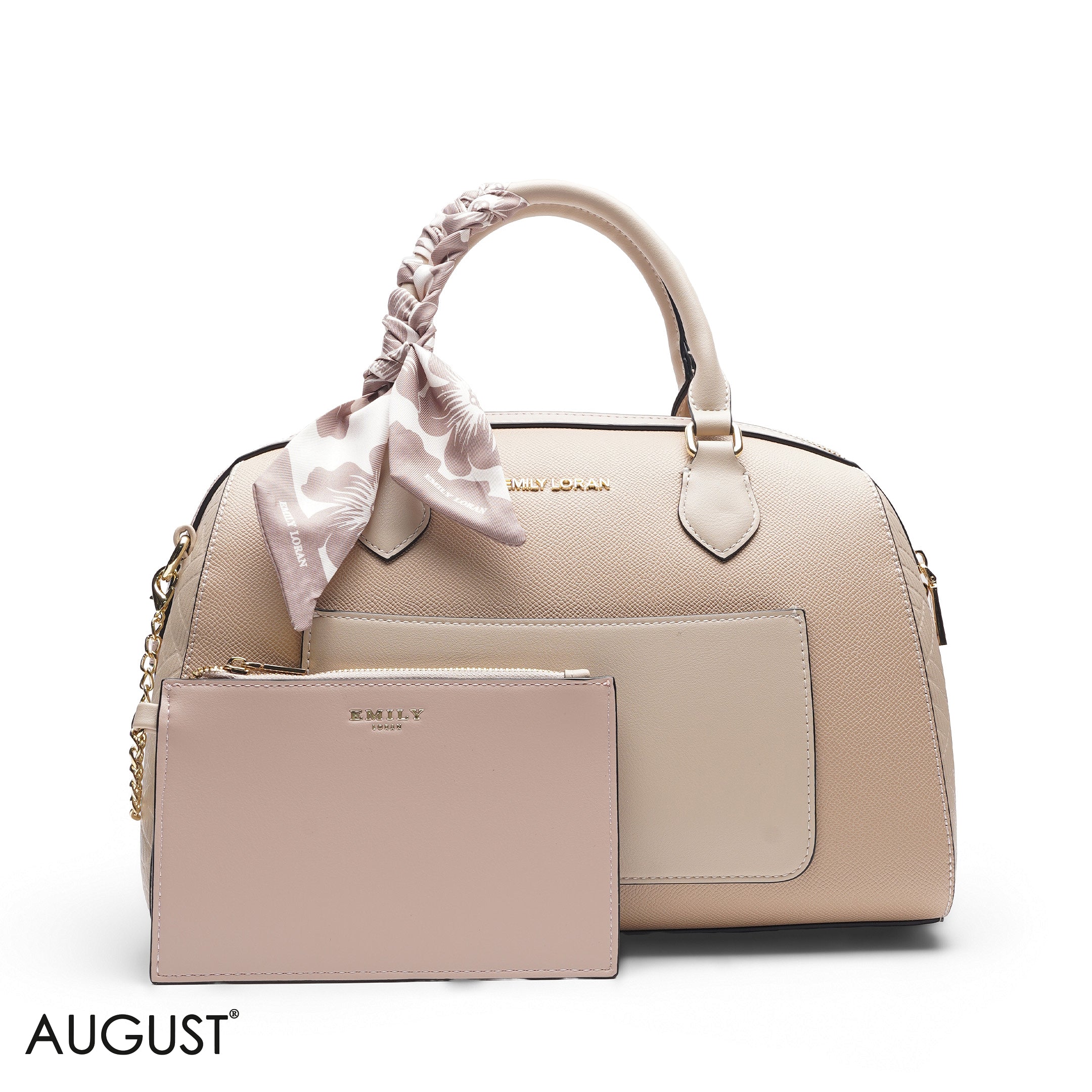 BEIGE FLORAL BAG WITH FRONT POUCH & SCARF - LARGE