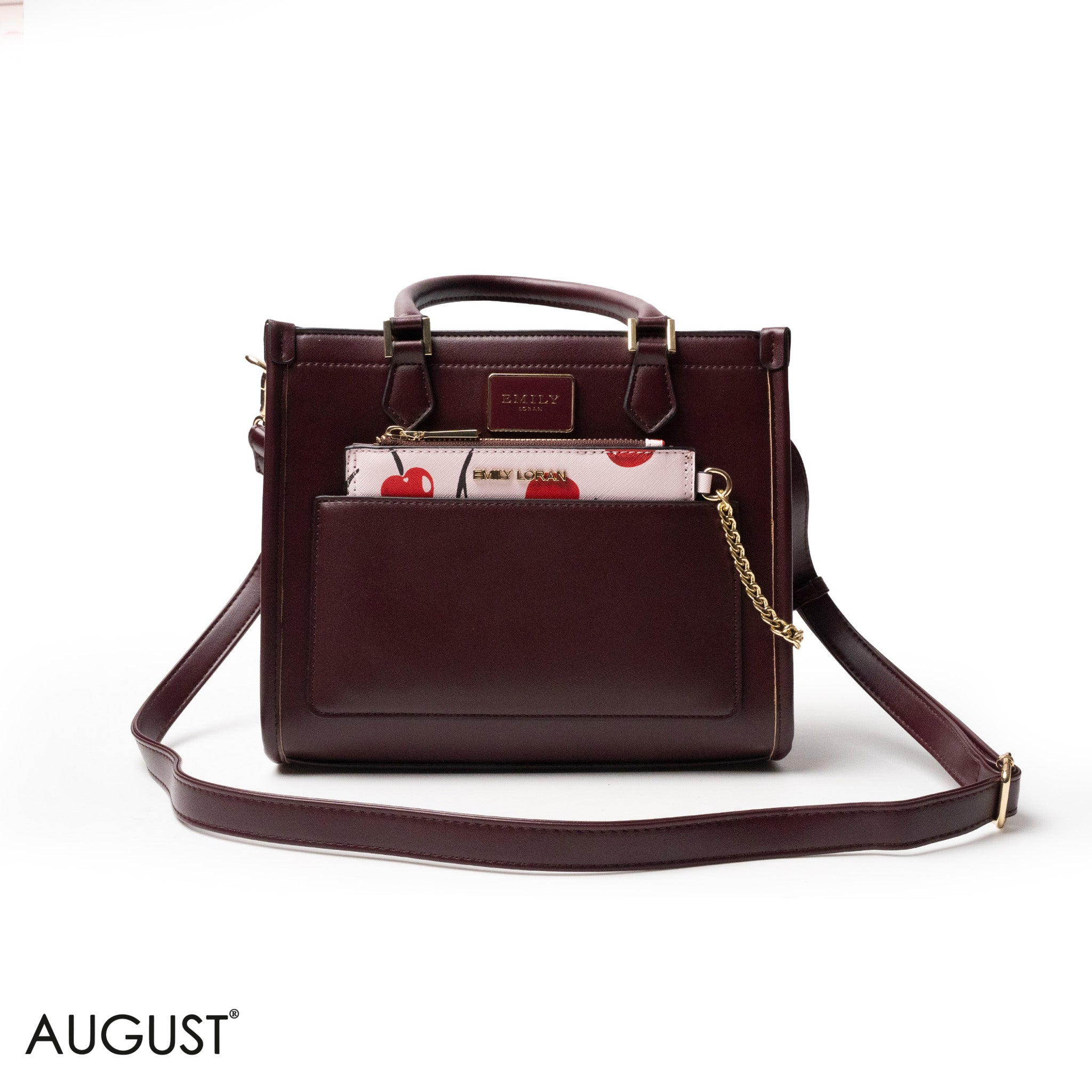 LEATHER HANDBAG WITH MINI WALLET IN RED CHERRY PRINT - MED