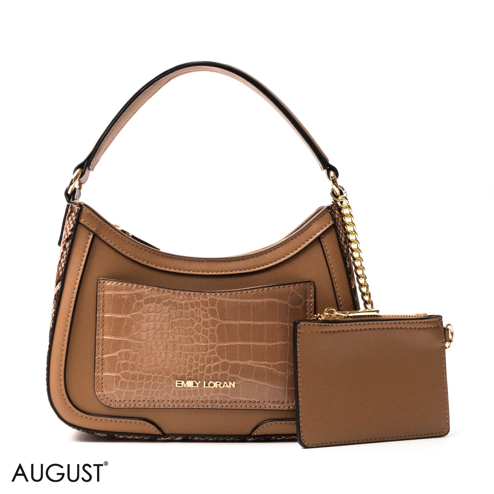 MOCHA LEATHER HANDBAG WITH METAL CHAIN -SMALL