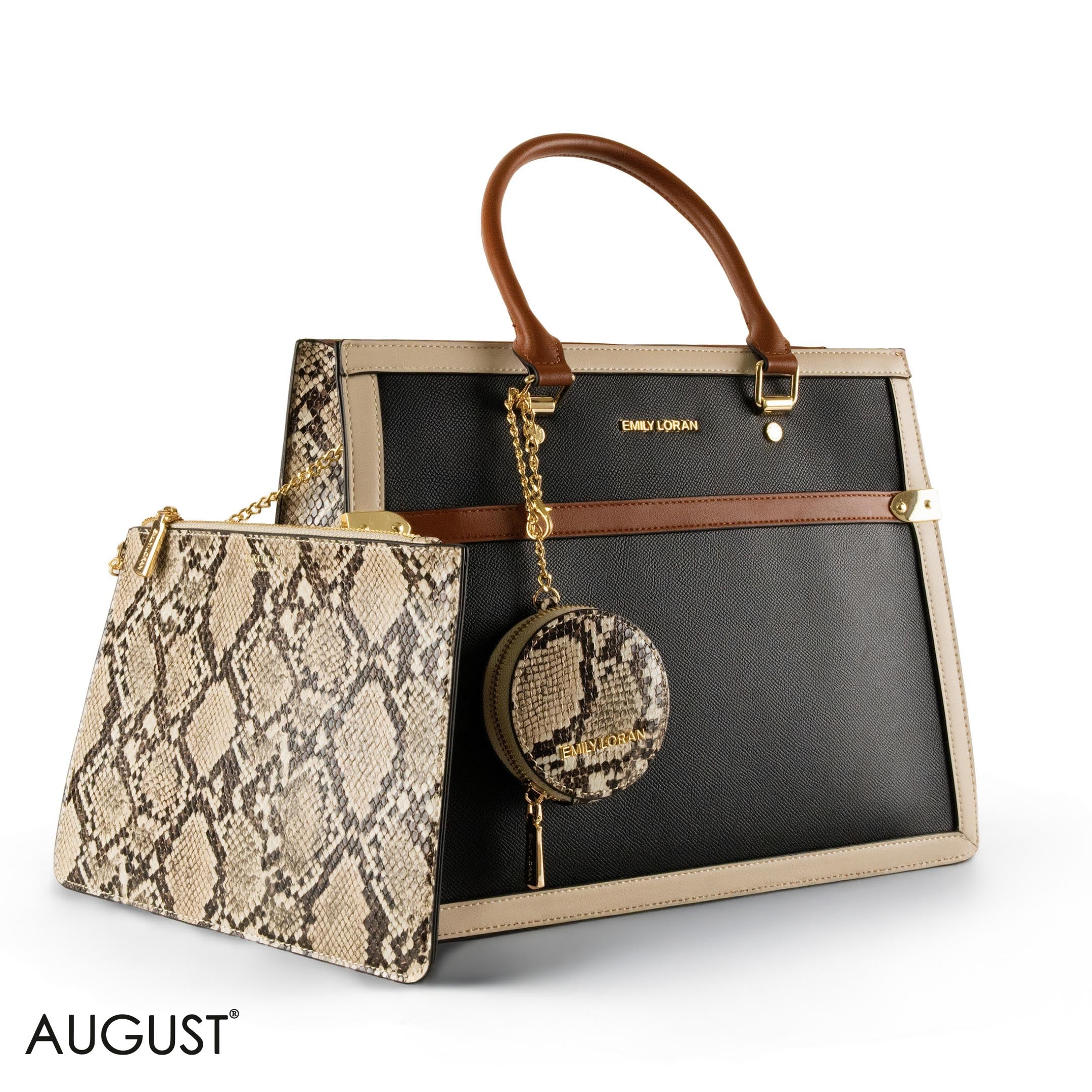 BLACK LEATHER EMILY LORAN HANDBAG WITH SNAKE DETAILS - LARGE