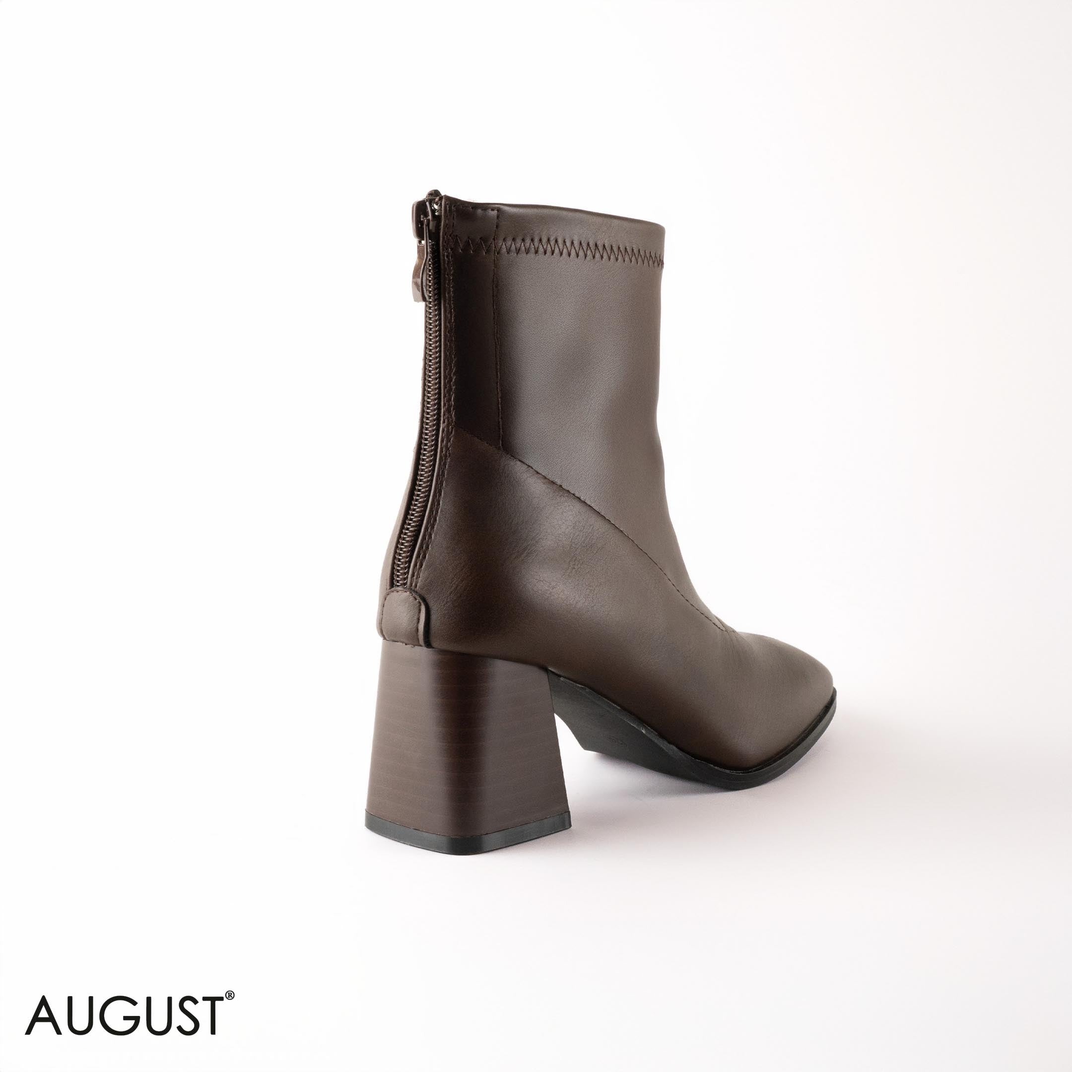 BROWN LEATHER HEELED BOOTS WITH BACK ZIPPER