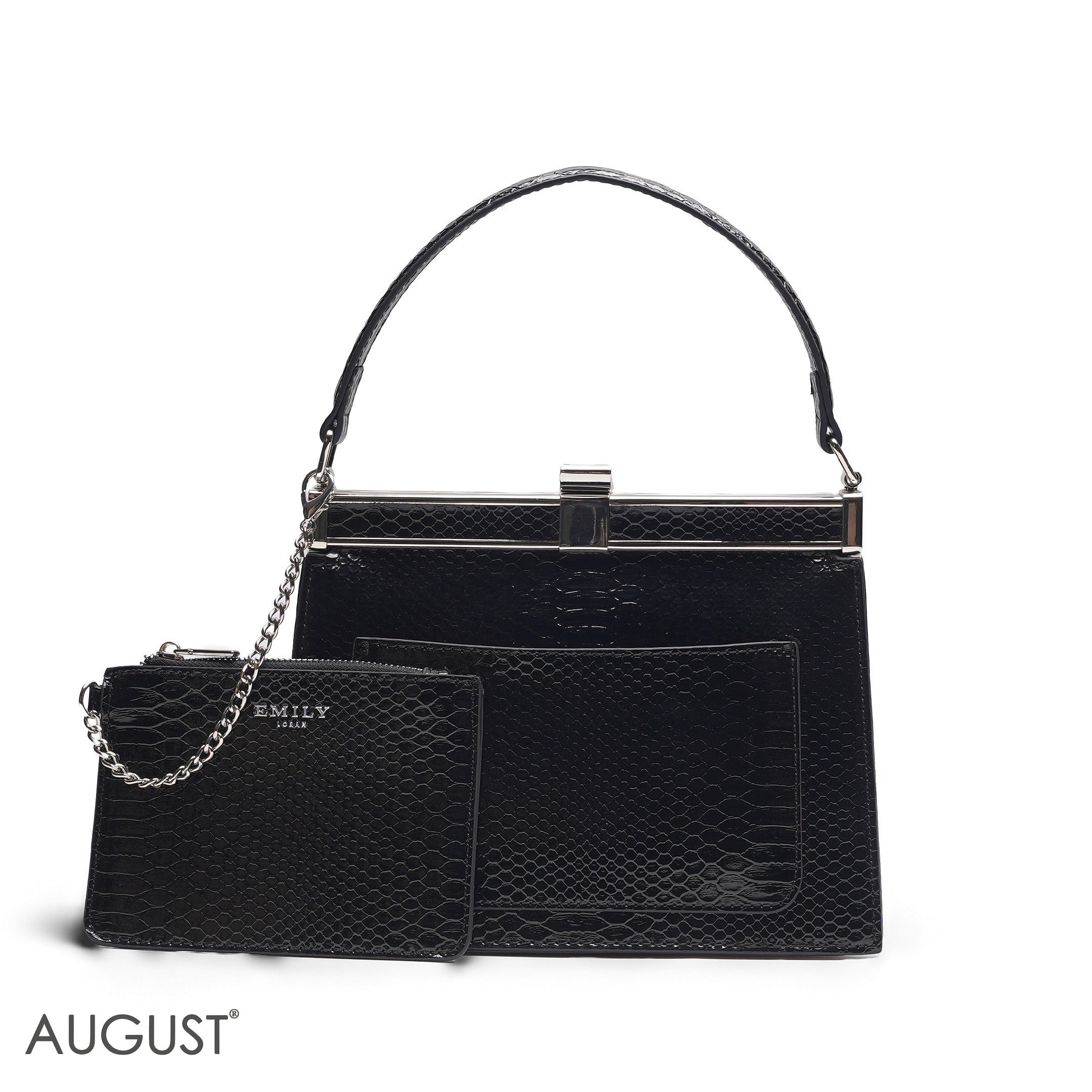 EMILY SOLID BLACK SNAKESKIN FRAME BAG WITH MINI POUCH - MED