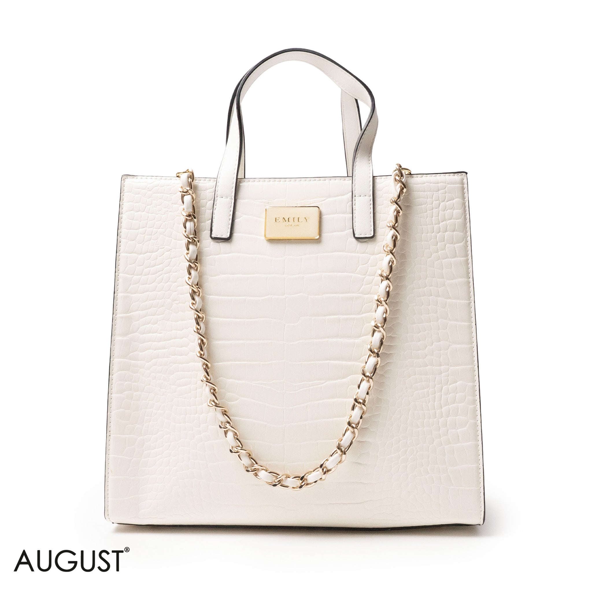 WHITE CROCODILE LEATHER HANDBAG WITH METAL CHAIN - LARGE
