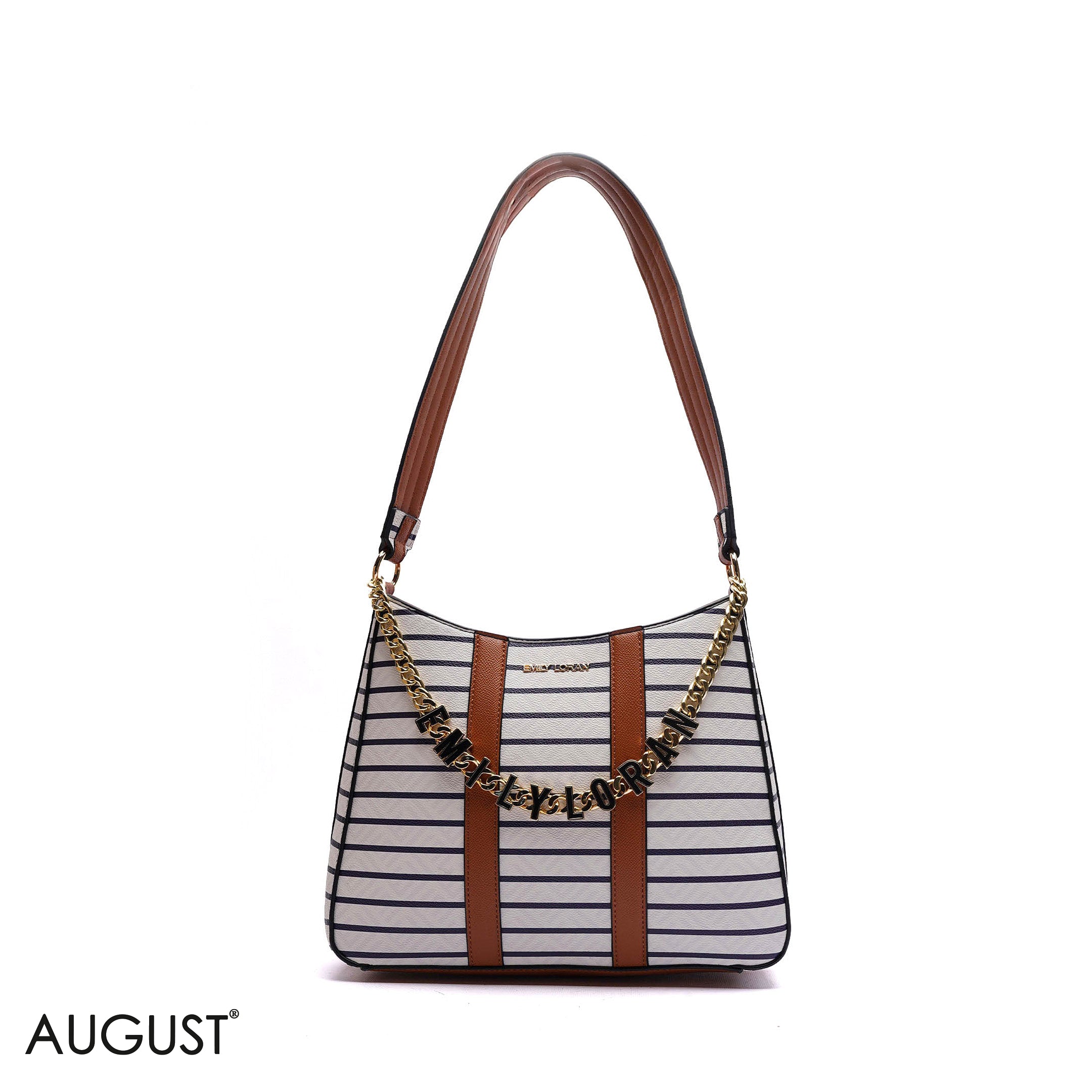 STRIPED SHOULDER BAG WITH LOGO CHAIN