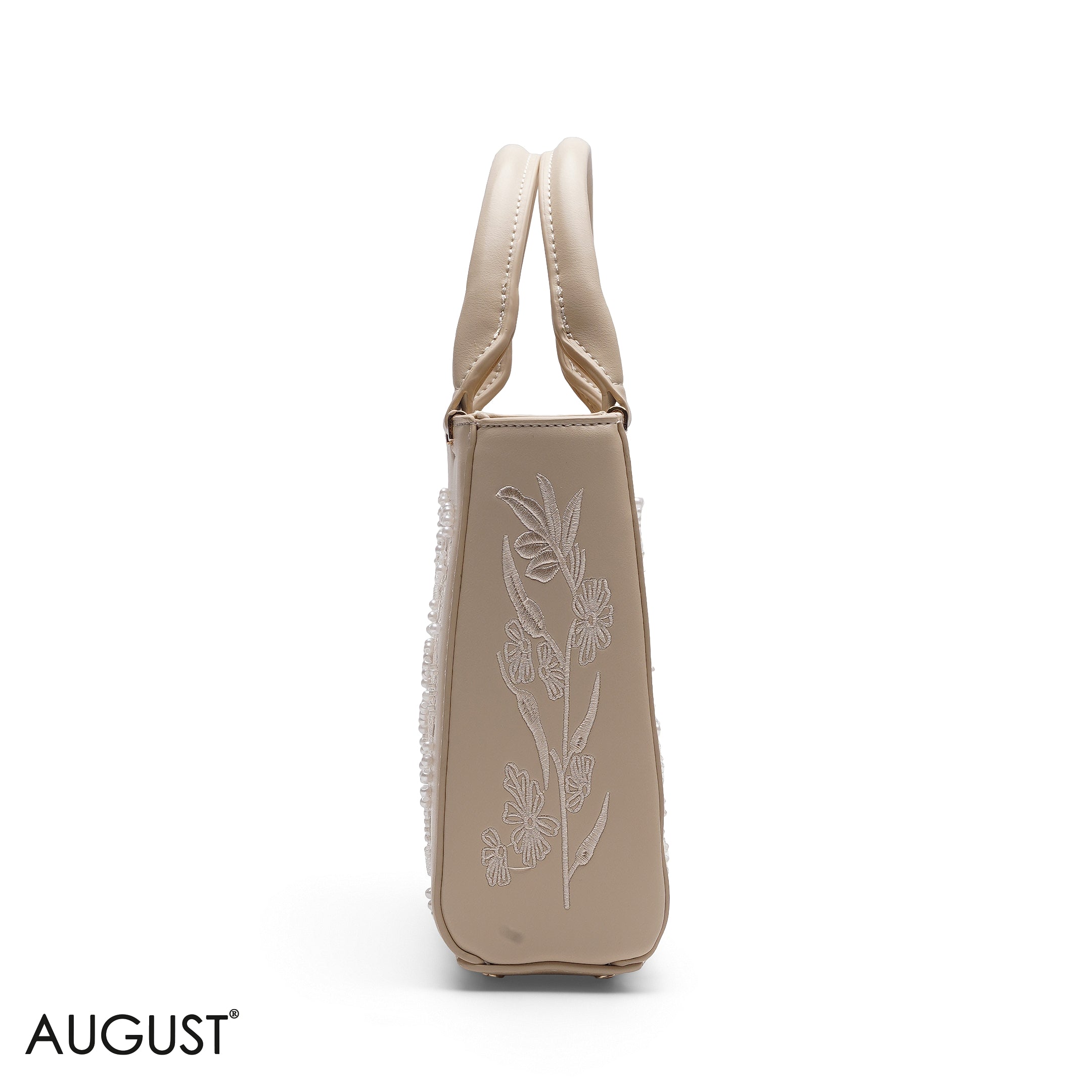 BEIGE FLORAL PEARL EMBROIDERED TOTE BAG