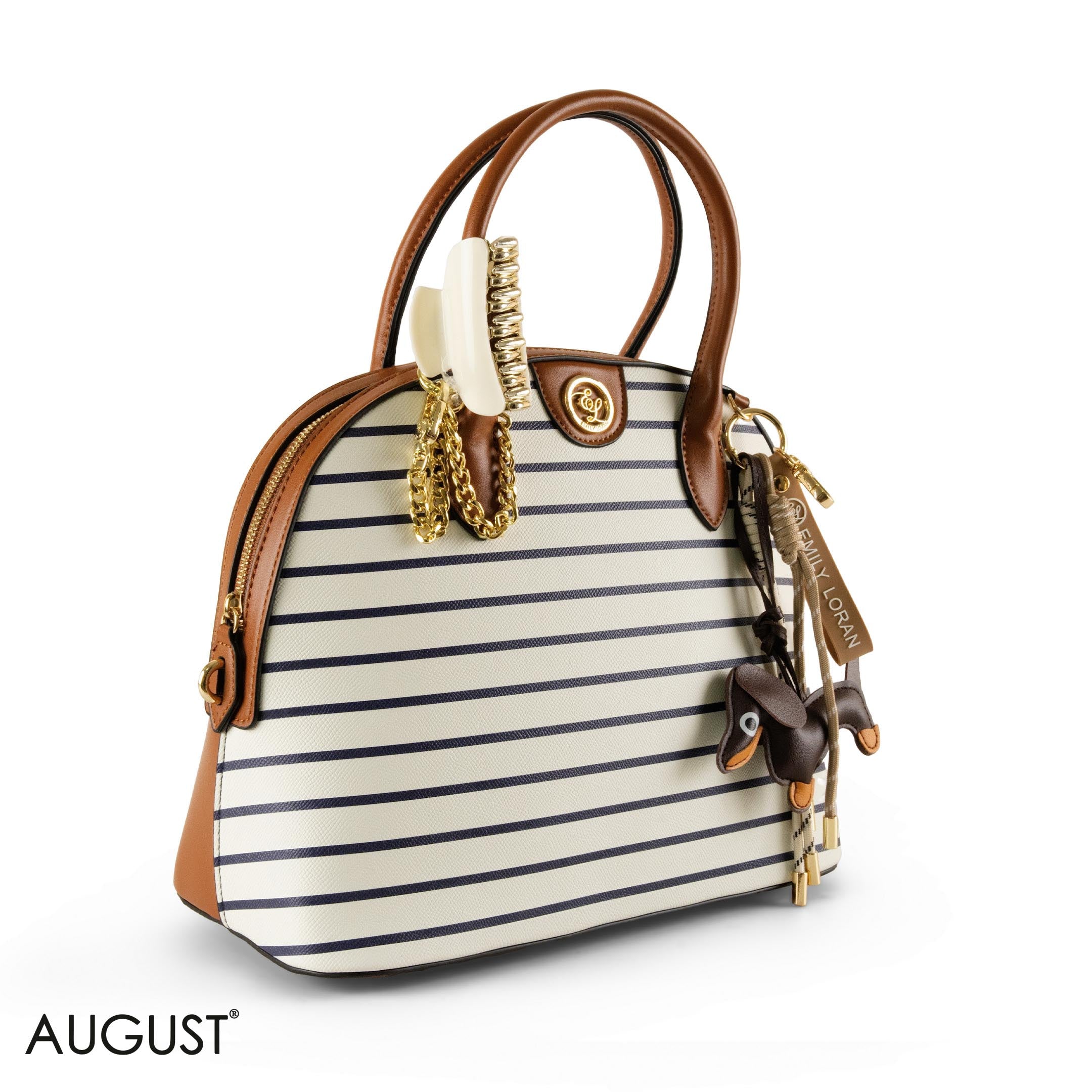 STRIPPED NAVY LEATHER HANDBAG WITH ACCESSORIES - LARGE