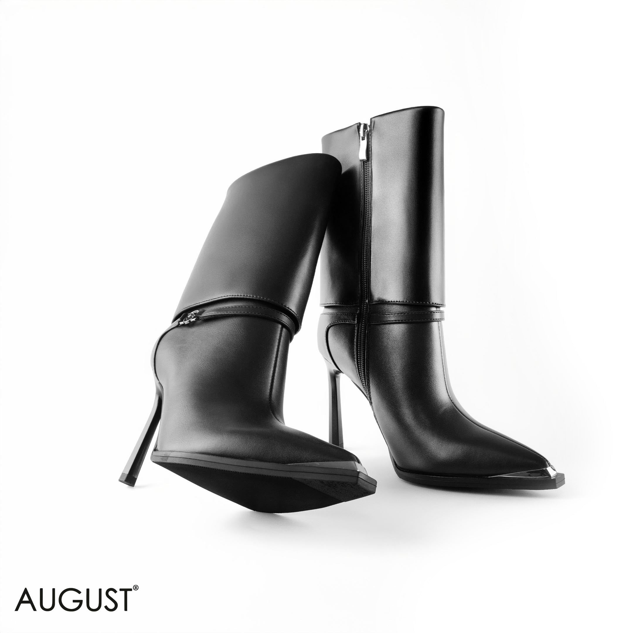 BLACK LEATHER STILETTOS HEELED BOOTS WITH BUCKLE DETAIL