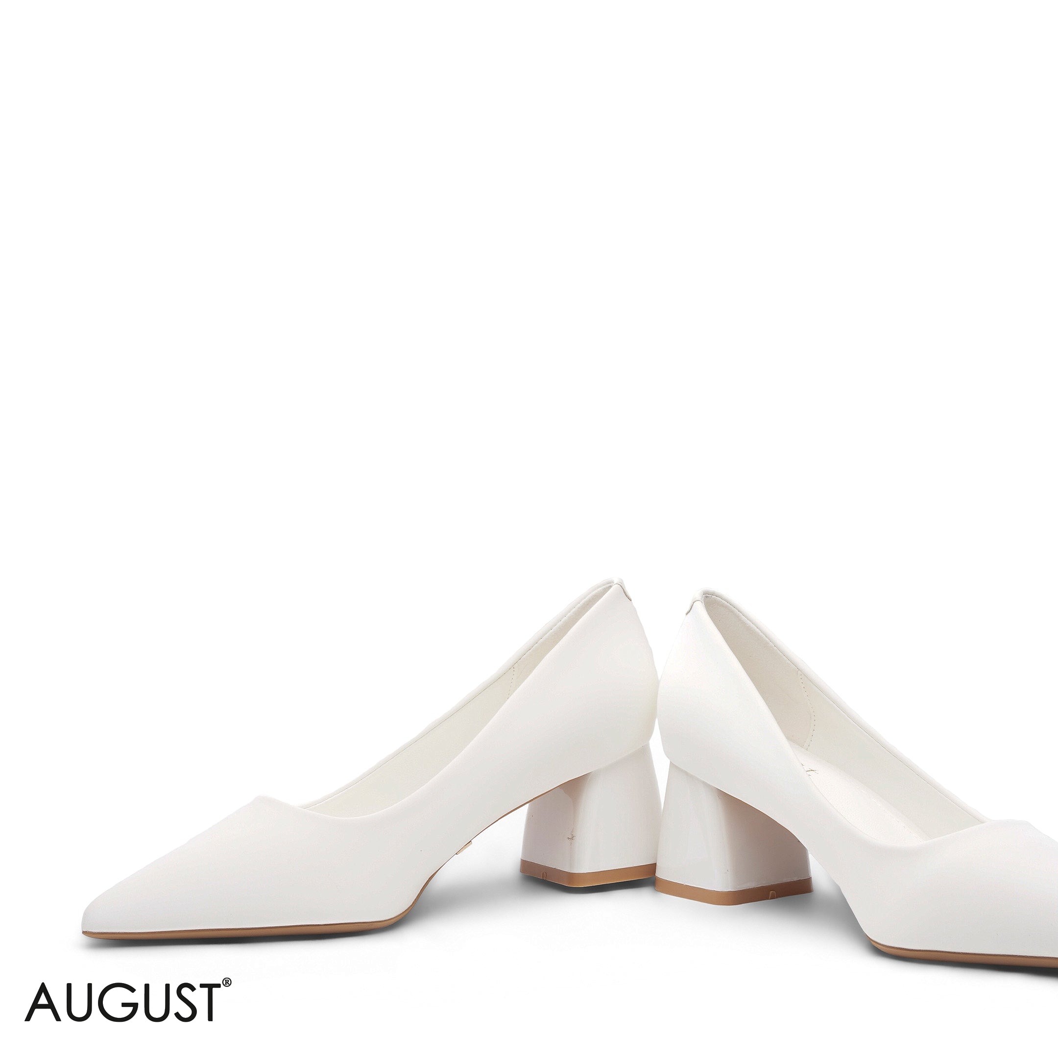 WHITE SMOOTH MATTE LEATHER POINTED BLOCK HEEL