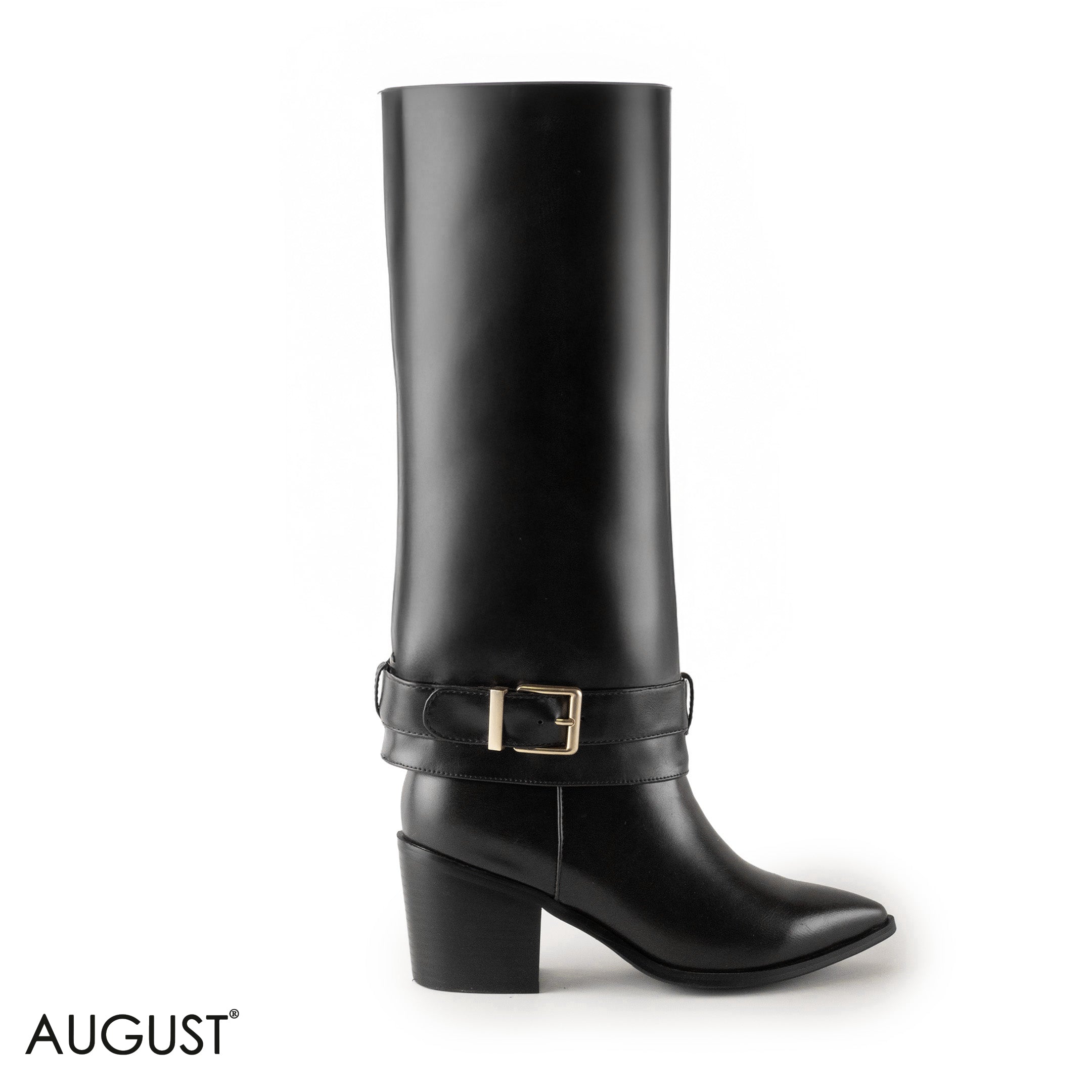 BLACK SMOOTH LEATHER LONG  BOOTS WITH BUCKLED