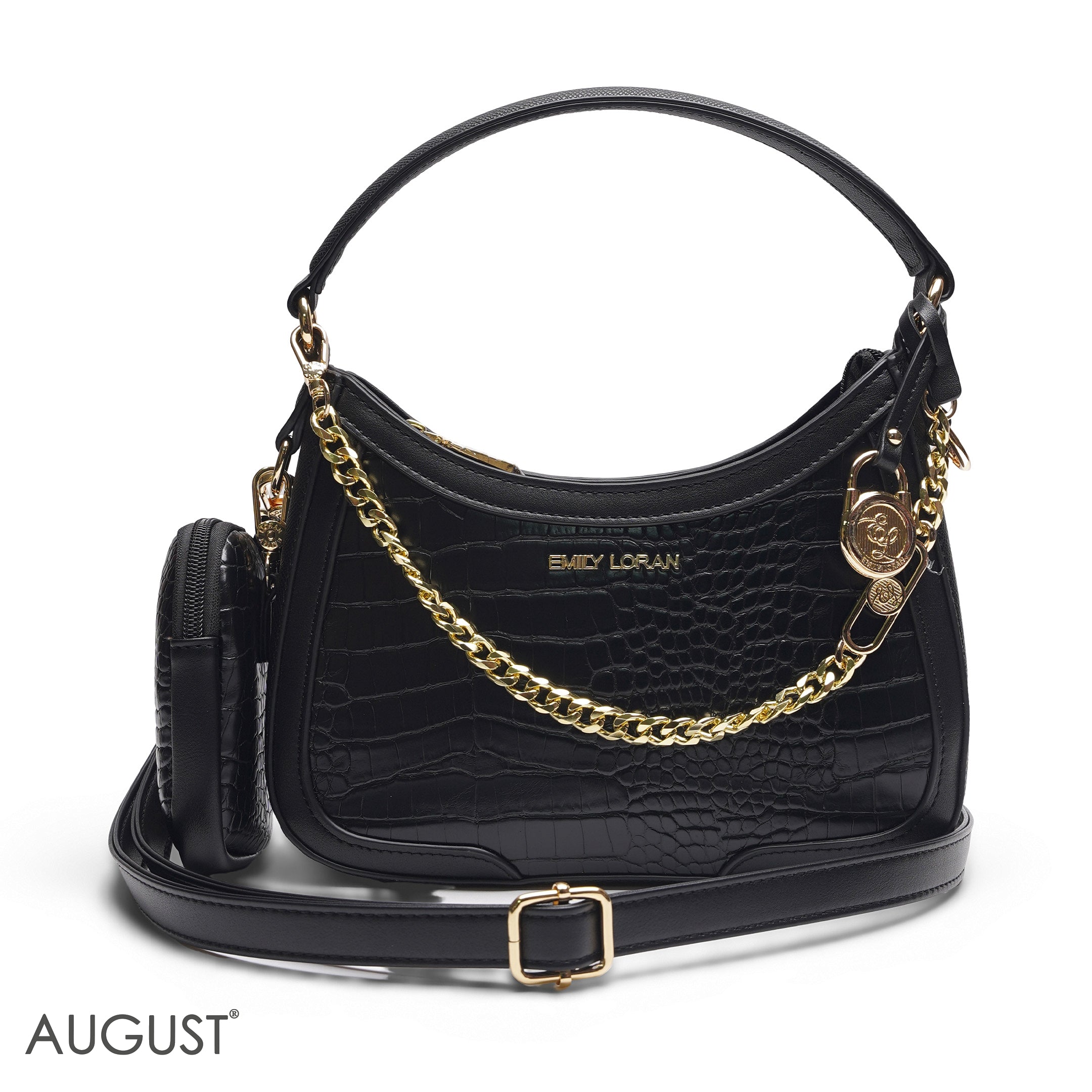 BLACK CROCODILE HOBO BAG WITH SIDE POUCH