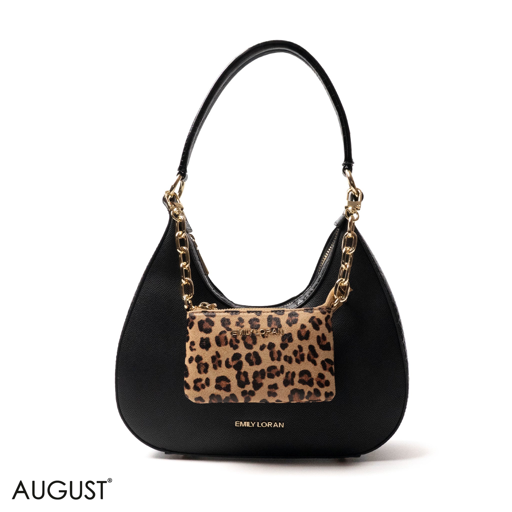 MODERN BLACK LEATHER HANDBAG WITH METAL CHAIN - MED