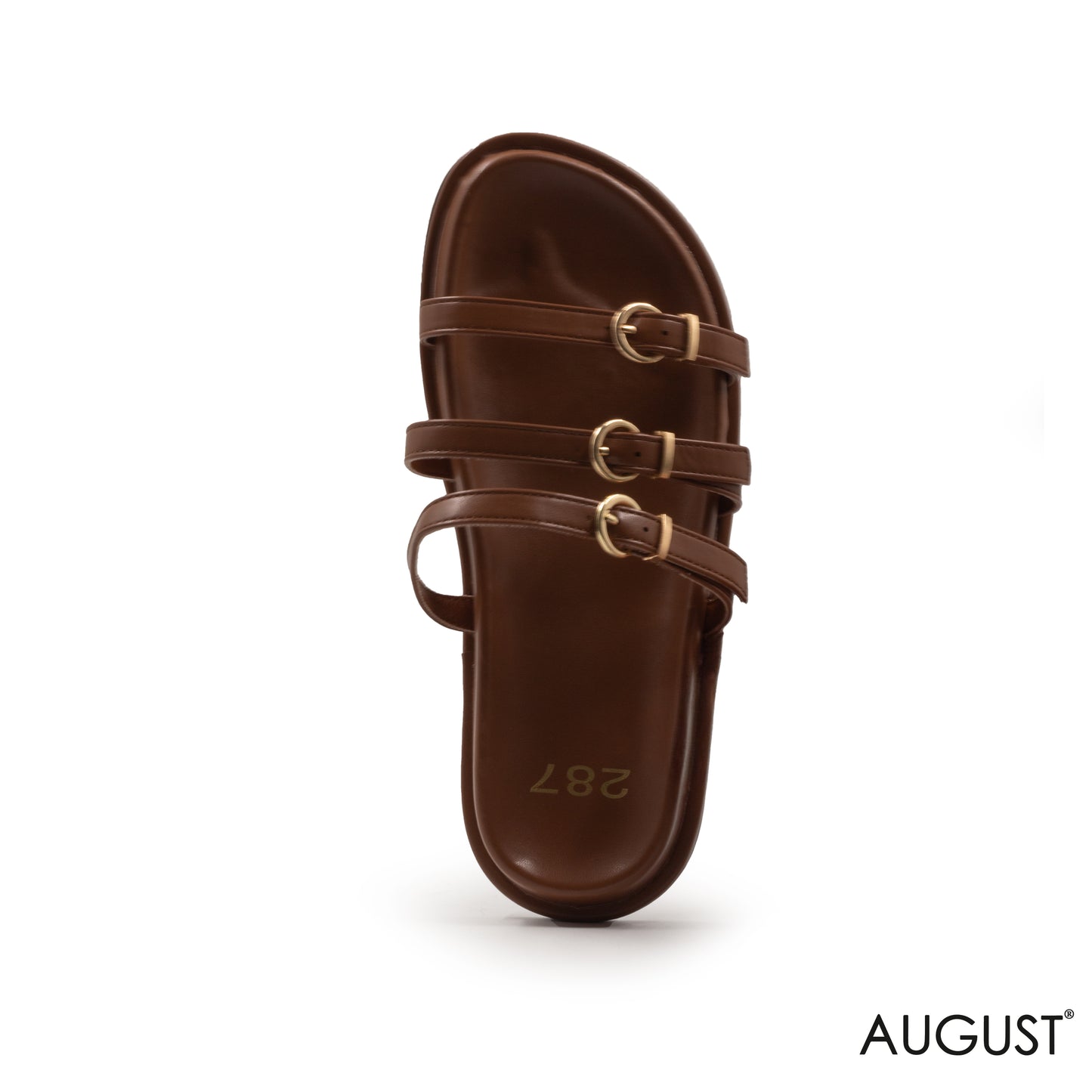 STRAPPY BROWN FLAT SLIPPER WITH GOLD BUCKLES