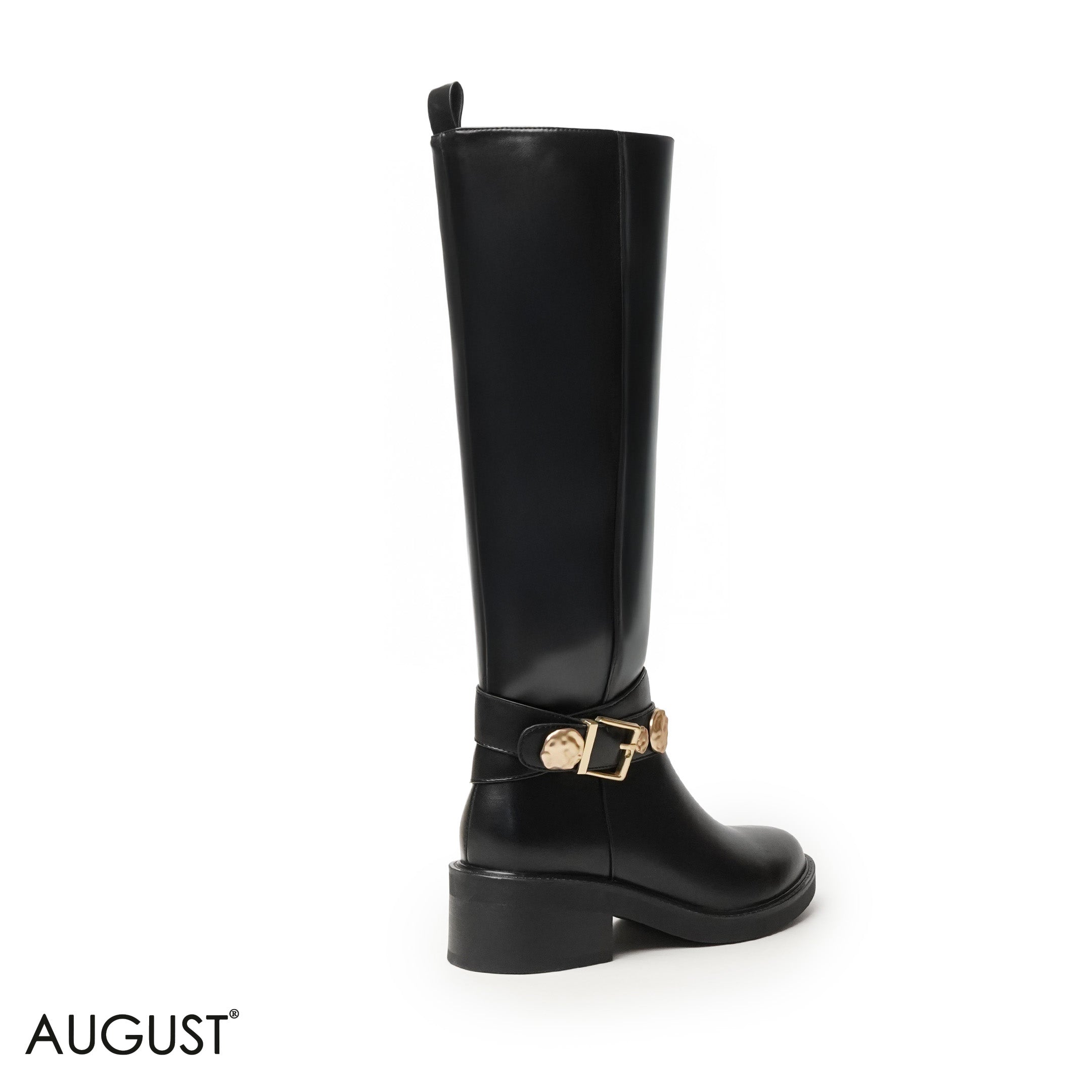 SMOOTH LEATHER LONG BOOTS WITH METAL ACCENTS