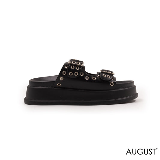 BLACK LEATHER SLIPPERS WITH METAL EYELETS AND BUCKLE
