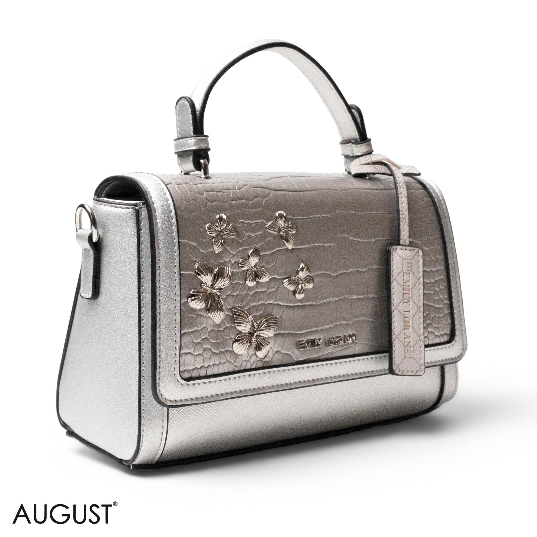 SILVER LEATHER HANDBAG WITH CROC,BUTTERFLIES  DETAILS-MED