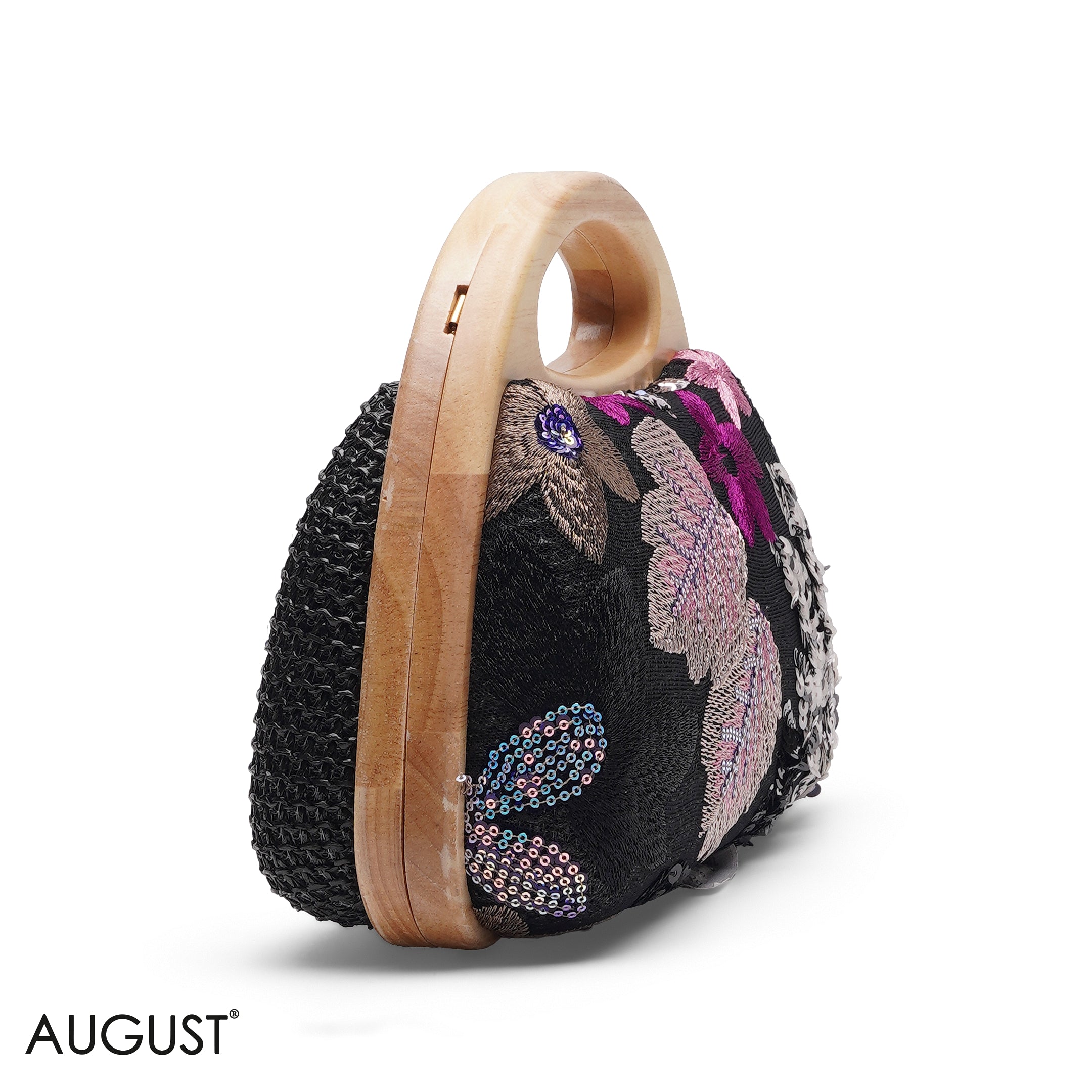 BLACK FLORAL EMBROIDERY WOODEN HANDLE CLUTCH