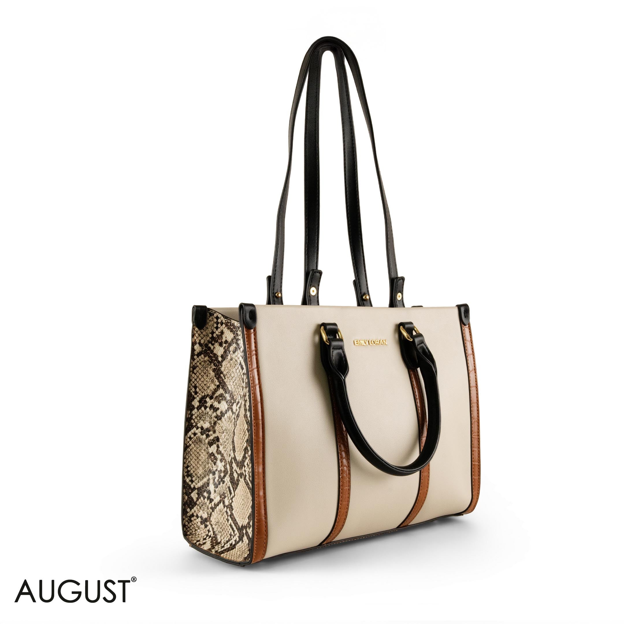 BEIGE EMILY LORAN HANDBAG WITH CAMEL LEATHER TRIM -MED