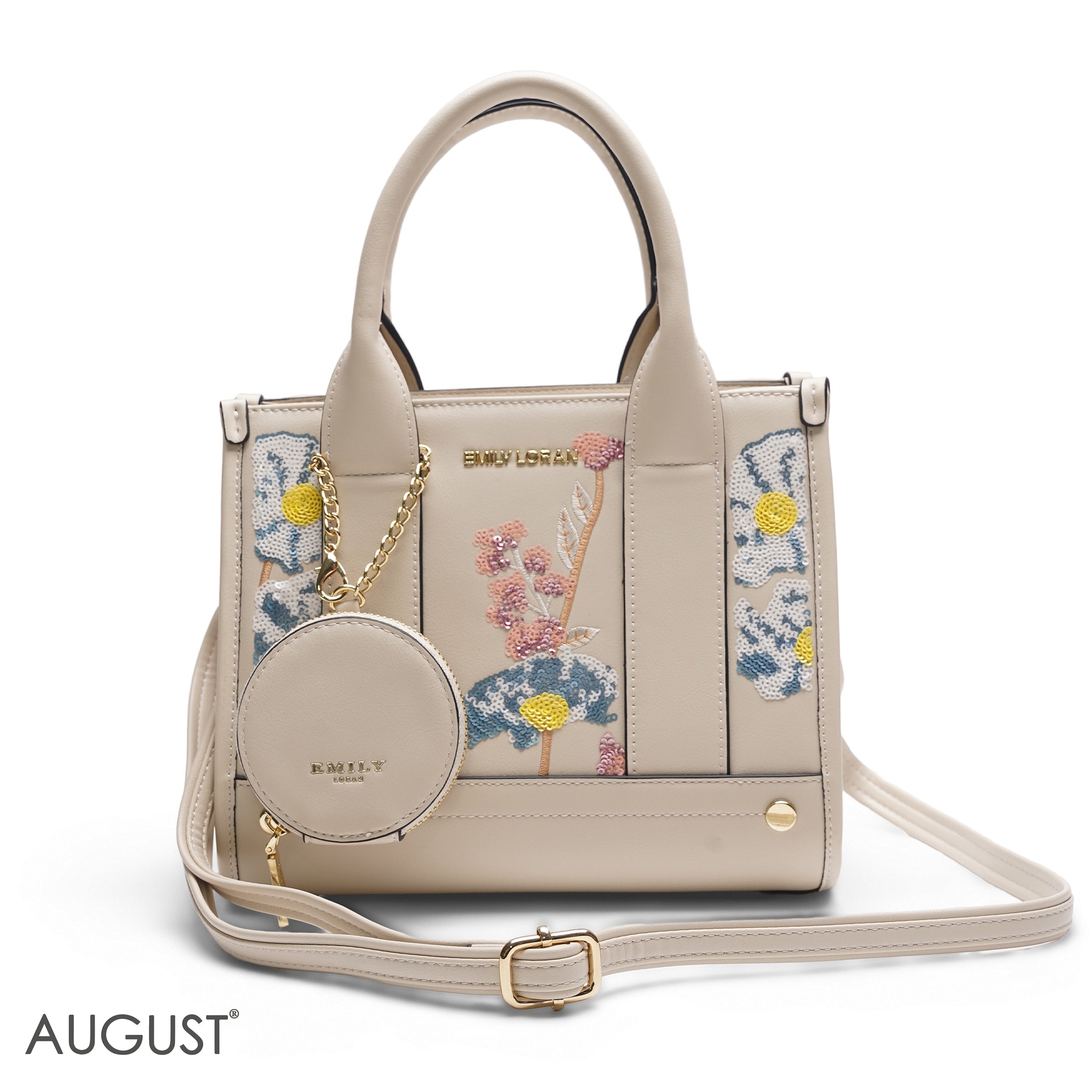 BEIGE SEQUIN FLORAL TOTE WITH ROUND POUCH