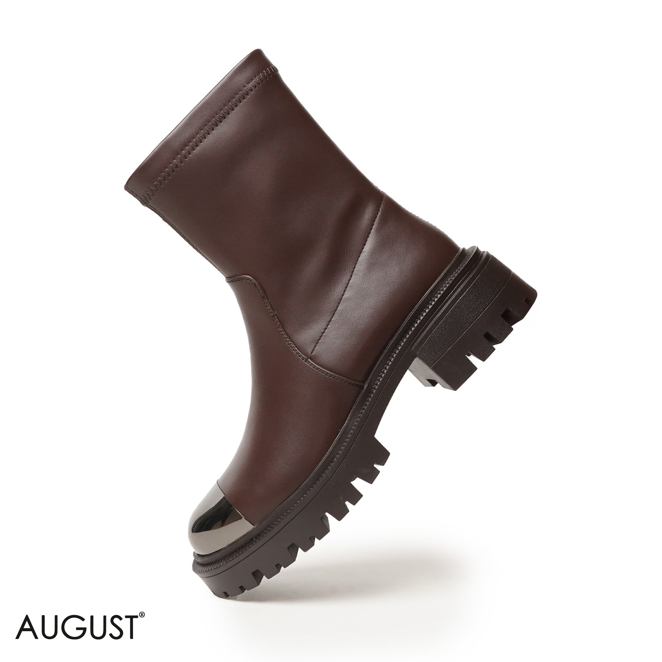 BROWN LEATHER ANKLE BOOTS WITH METALLIC TOE DESIGN