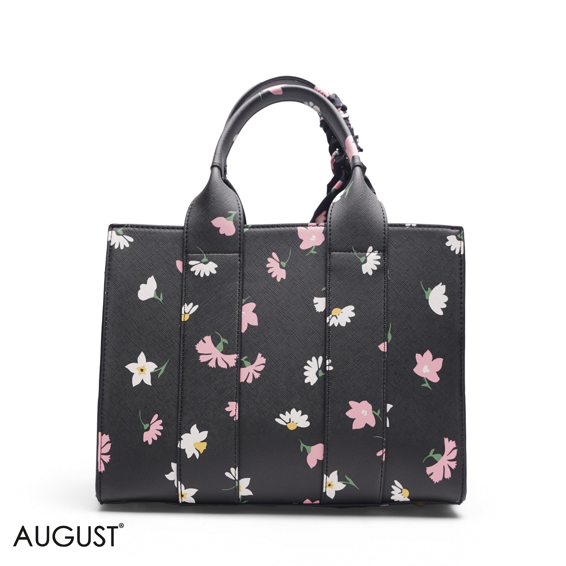 FLORAL PRINT SCARF BLACK TOTE BAG -MED