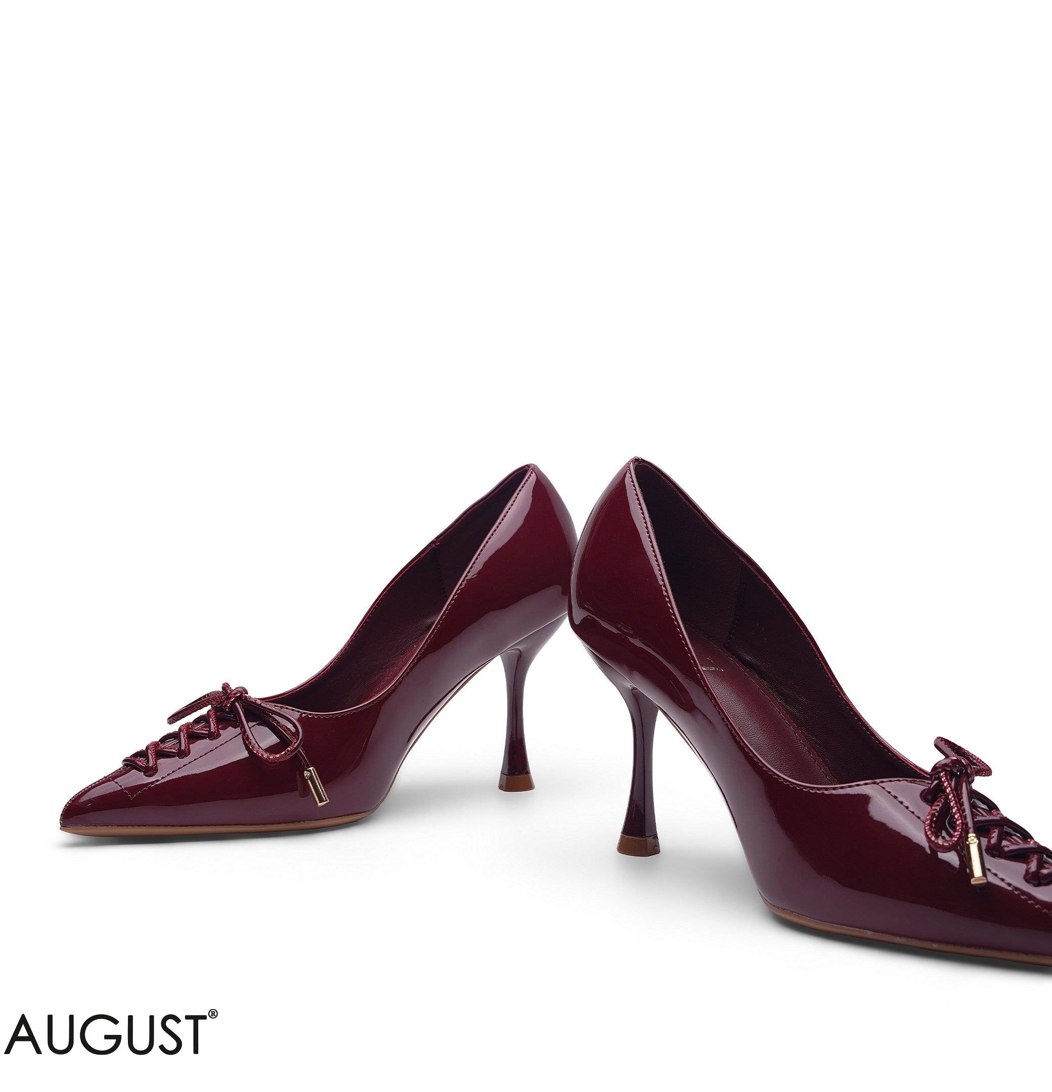 BURGUNDY GLOSSY PATENT LEATHER LACE-UP POINTED PUMPS