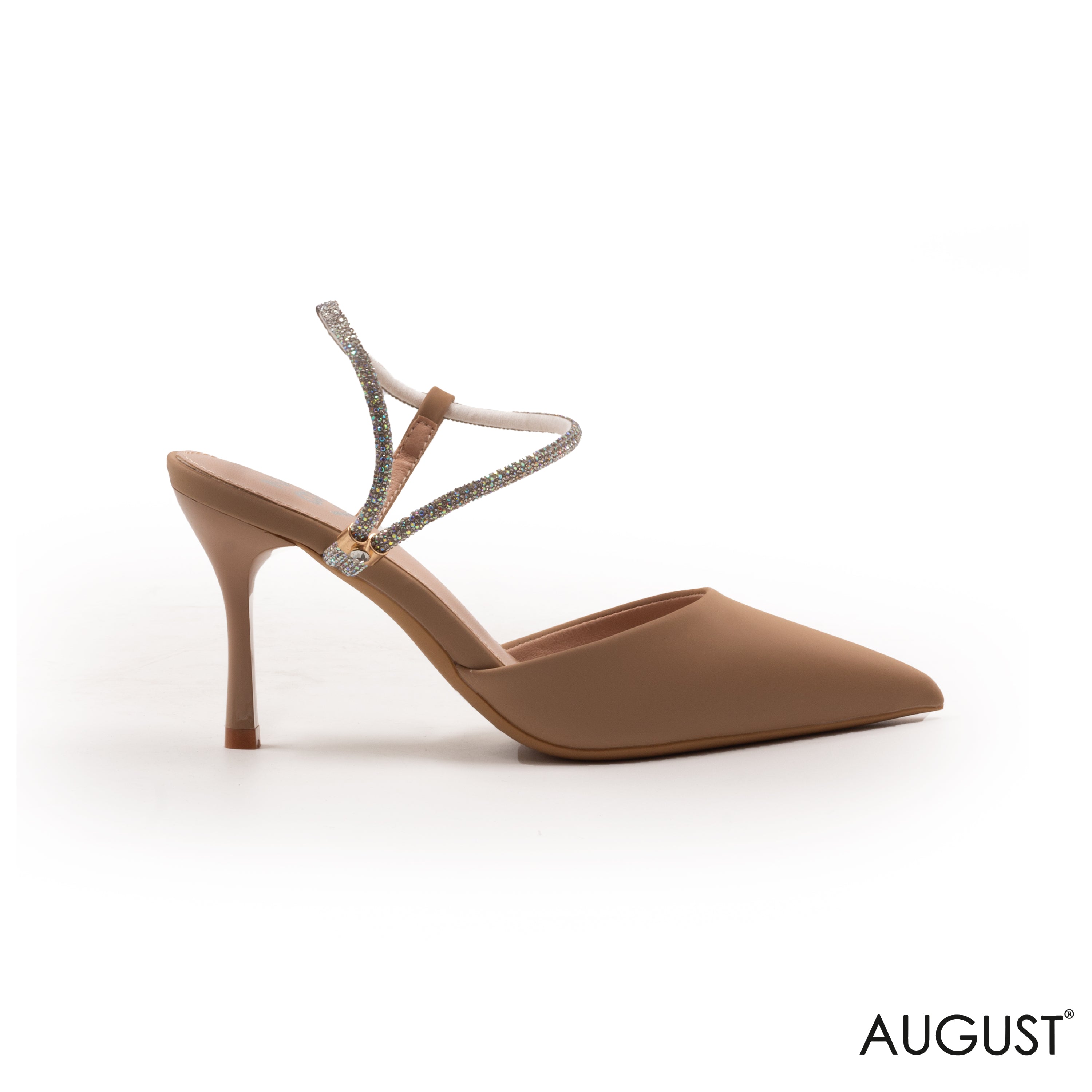 LEATHER MED-HEEL SHOES WITH RHINESTONE-STUDDED ANKLE STRAP