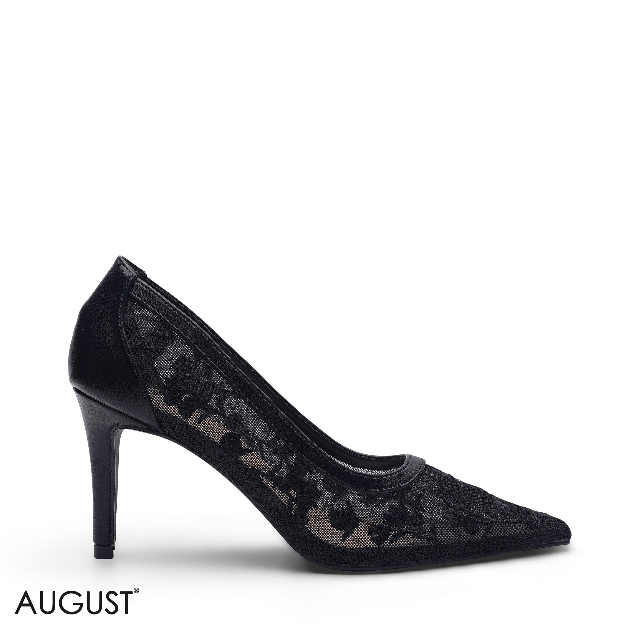BLACK FLORAL EMBROIDERED MESH POINTED TOE PUMPS