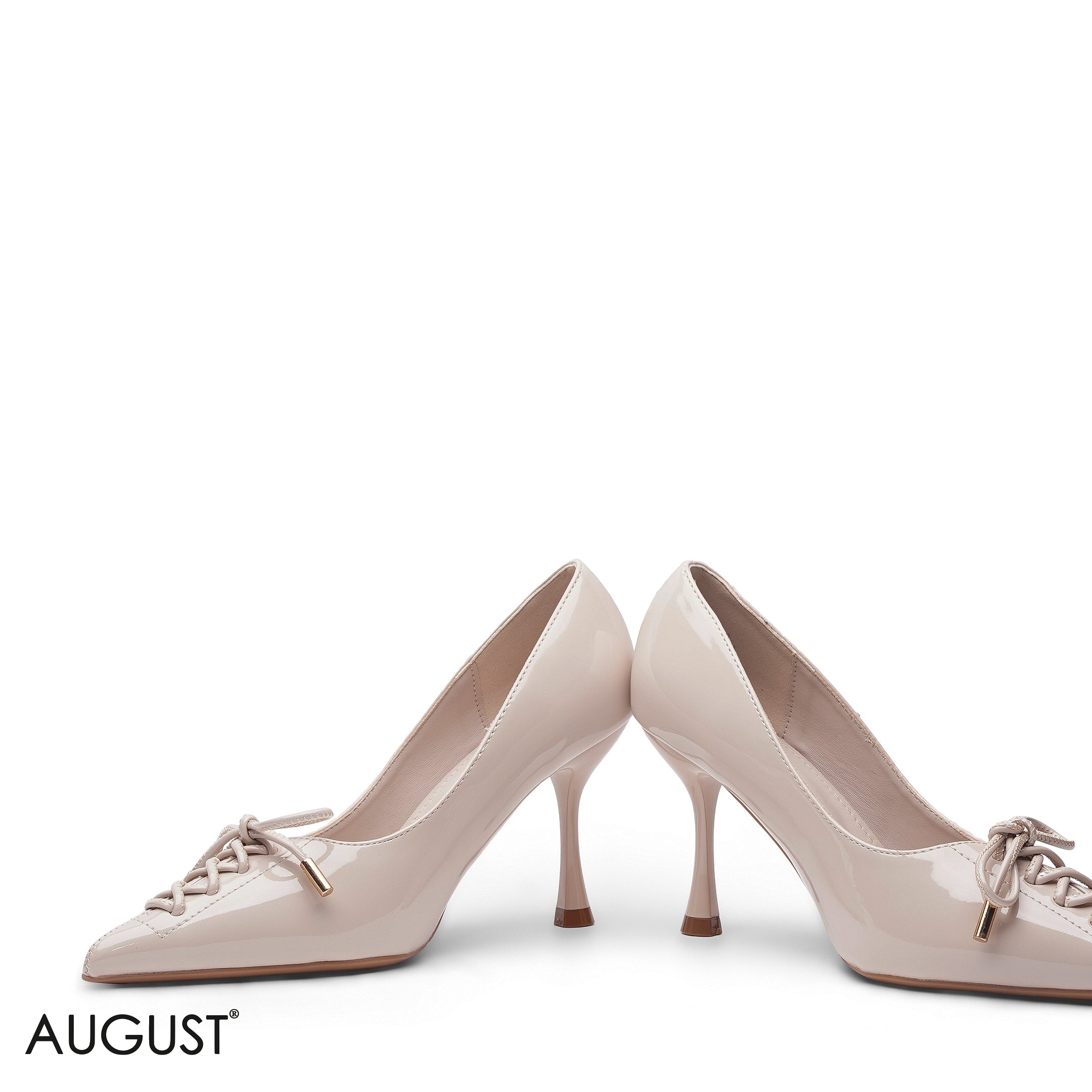 BEIGE GLOSSY PATENT LEATHER LACE-UP POINTED PUMPS