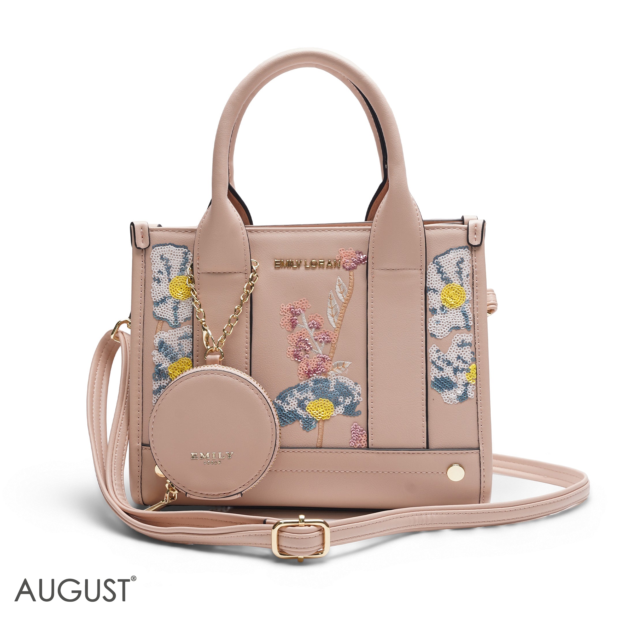 PEACH SEQUIN FLORAL TOTE WITH ROUND POUCH