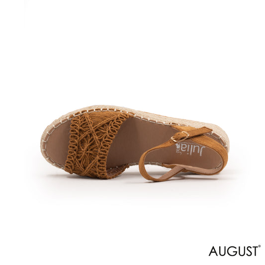 CAMEL STRAW WOVEN FLAT SANDALS WITH WEDGE SOLE