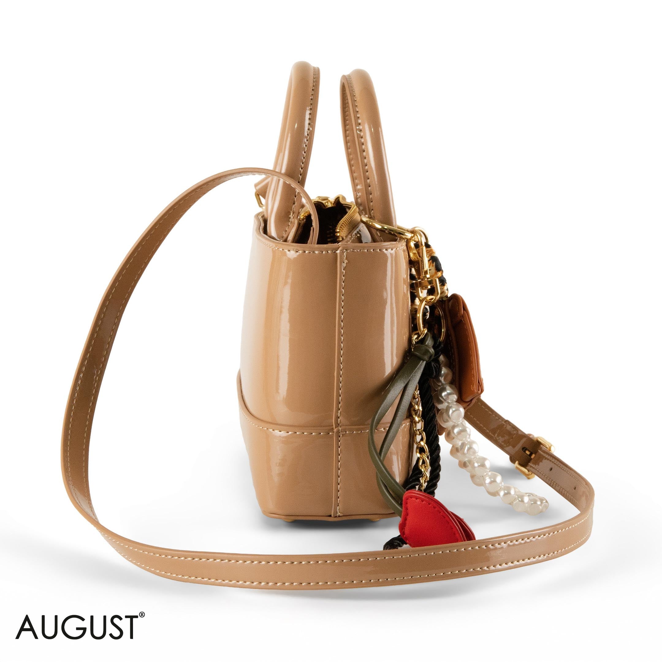 CAPPUCCINO GLOSSY LEATHER HANDBAG WITH ACCESSORIES- SMALL