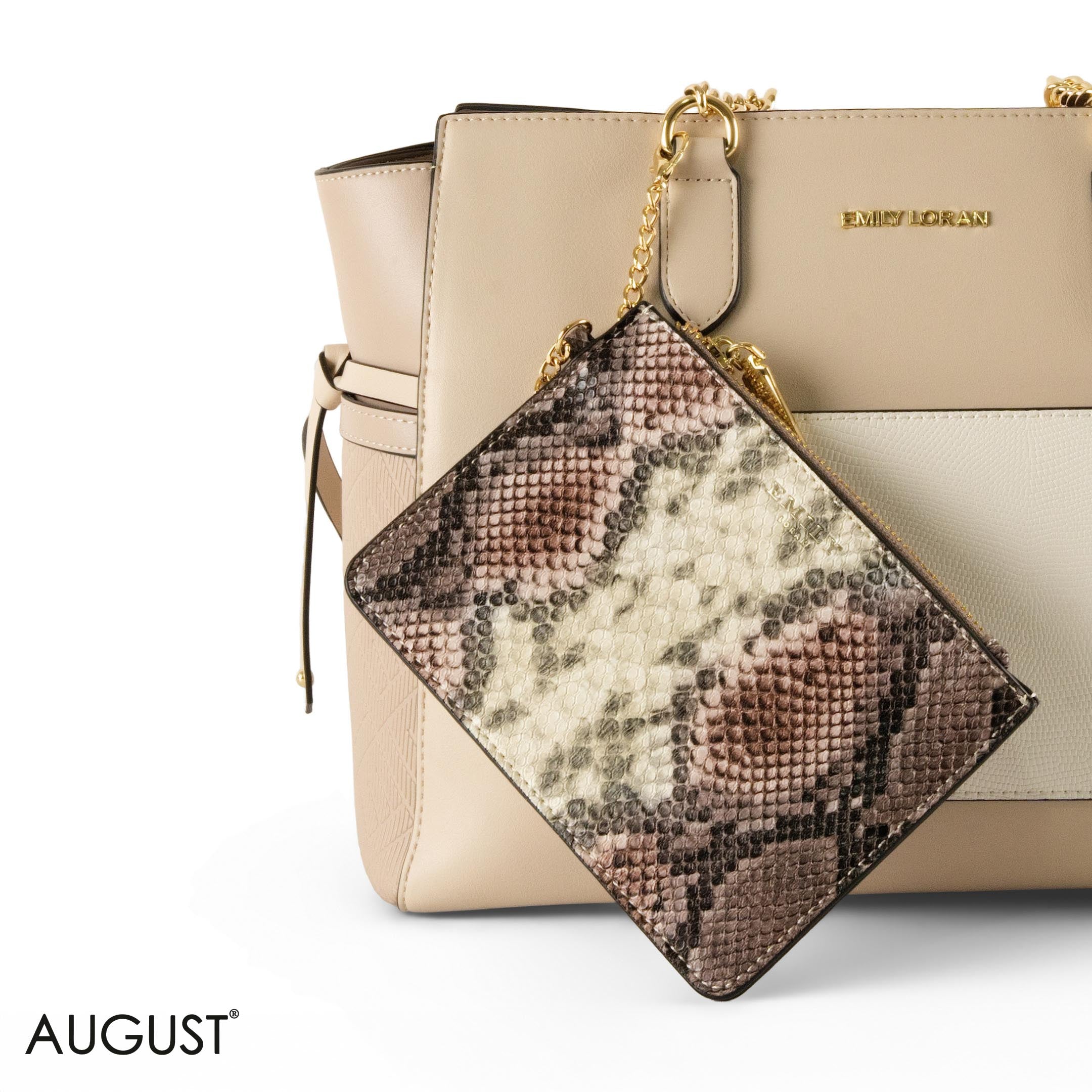 BEIGE LEATHER SHOULDER BAG WITH  SNAKE ACCENTS - LARGE