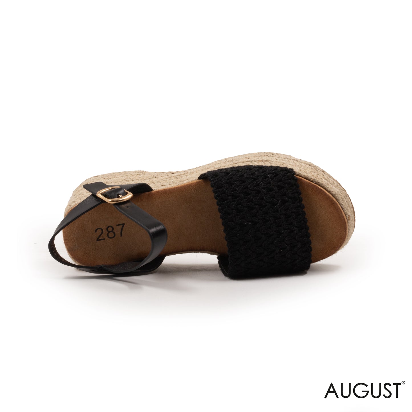 BLACK WOVEN SANDALS, WEDGE SOLE WITH ANKEL BUCKLE