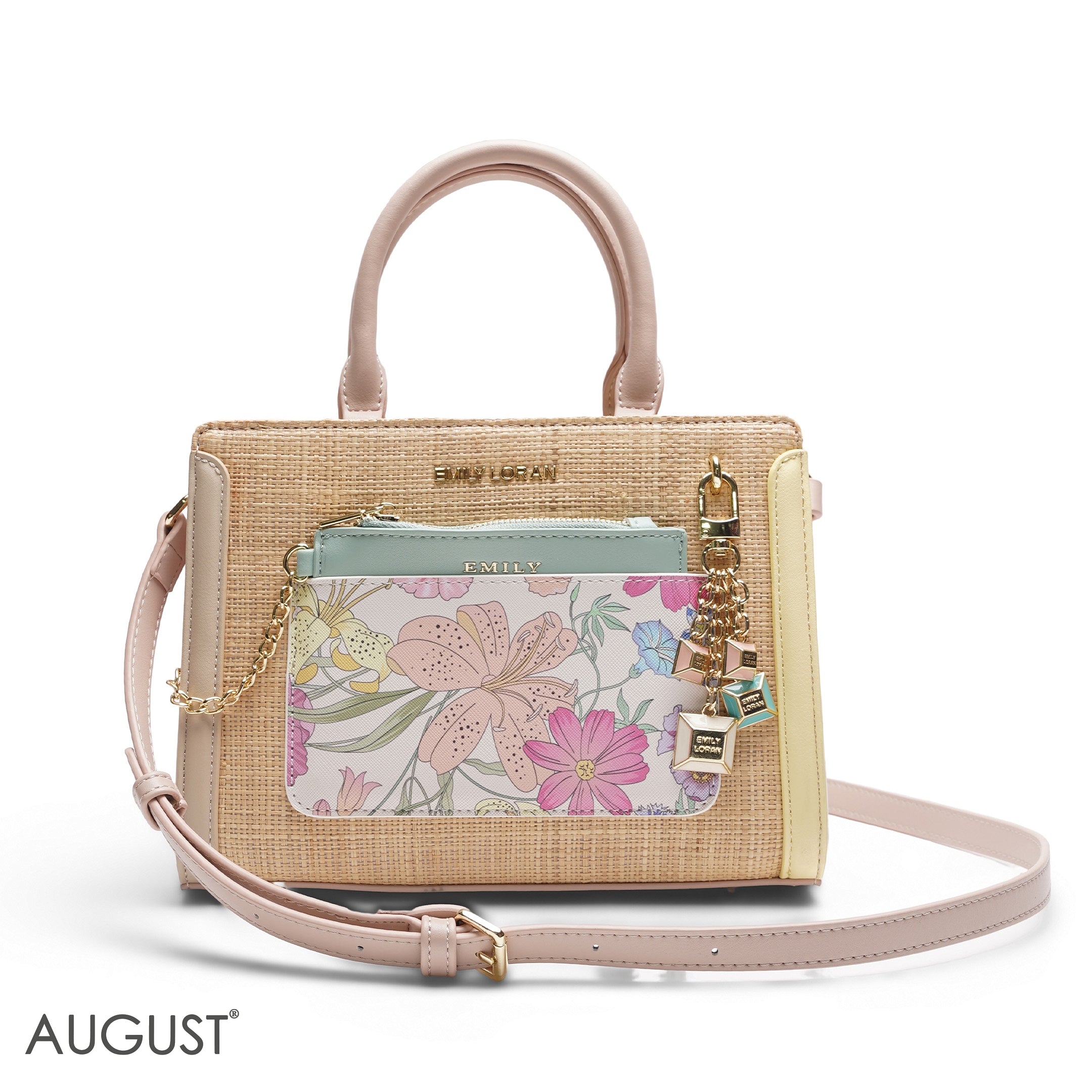 EMILY STRAW TEXTURE BAG WITH FLORAL ACCENTS - MED