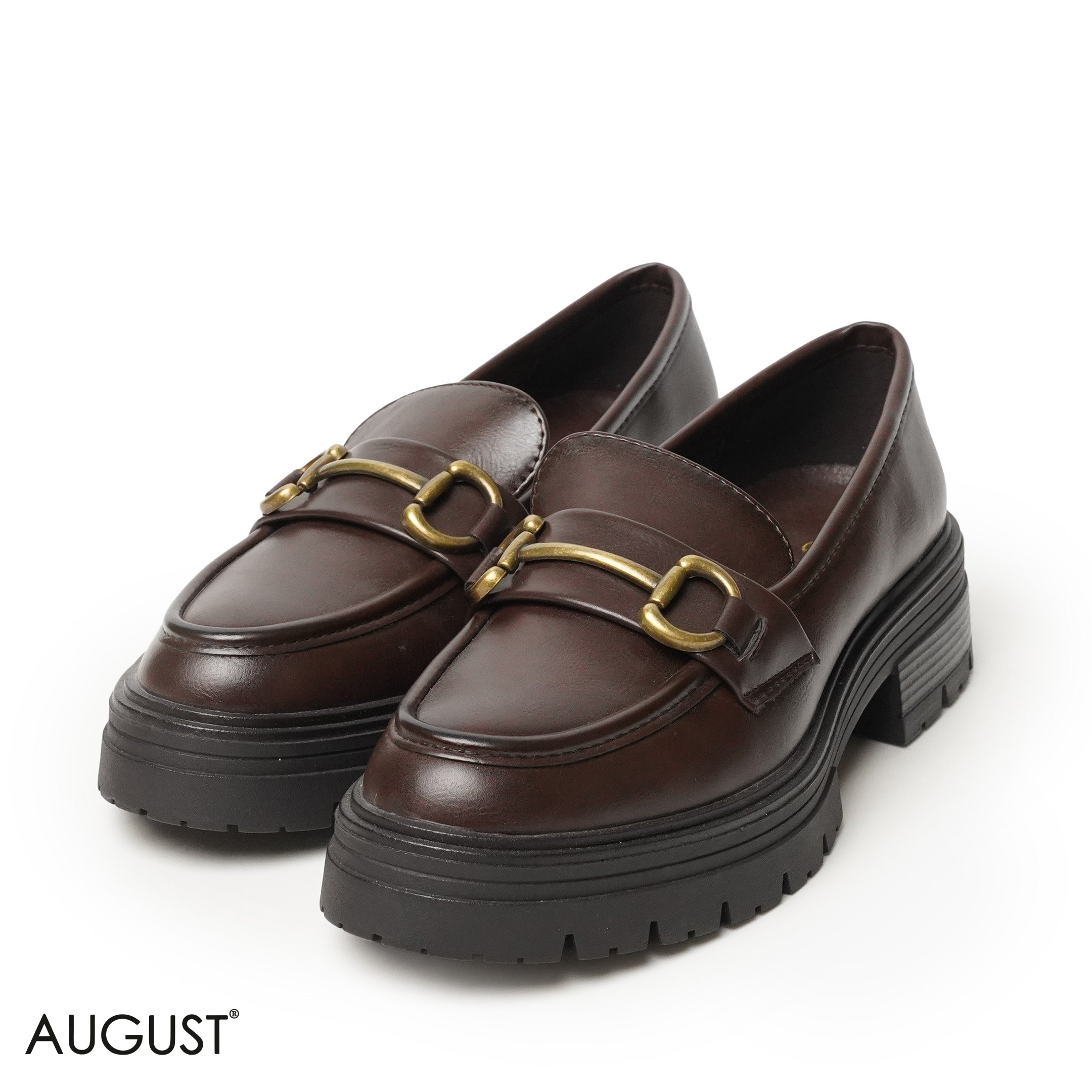 BROWN LEATHER LOAFERS WITH METAL CHAIN