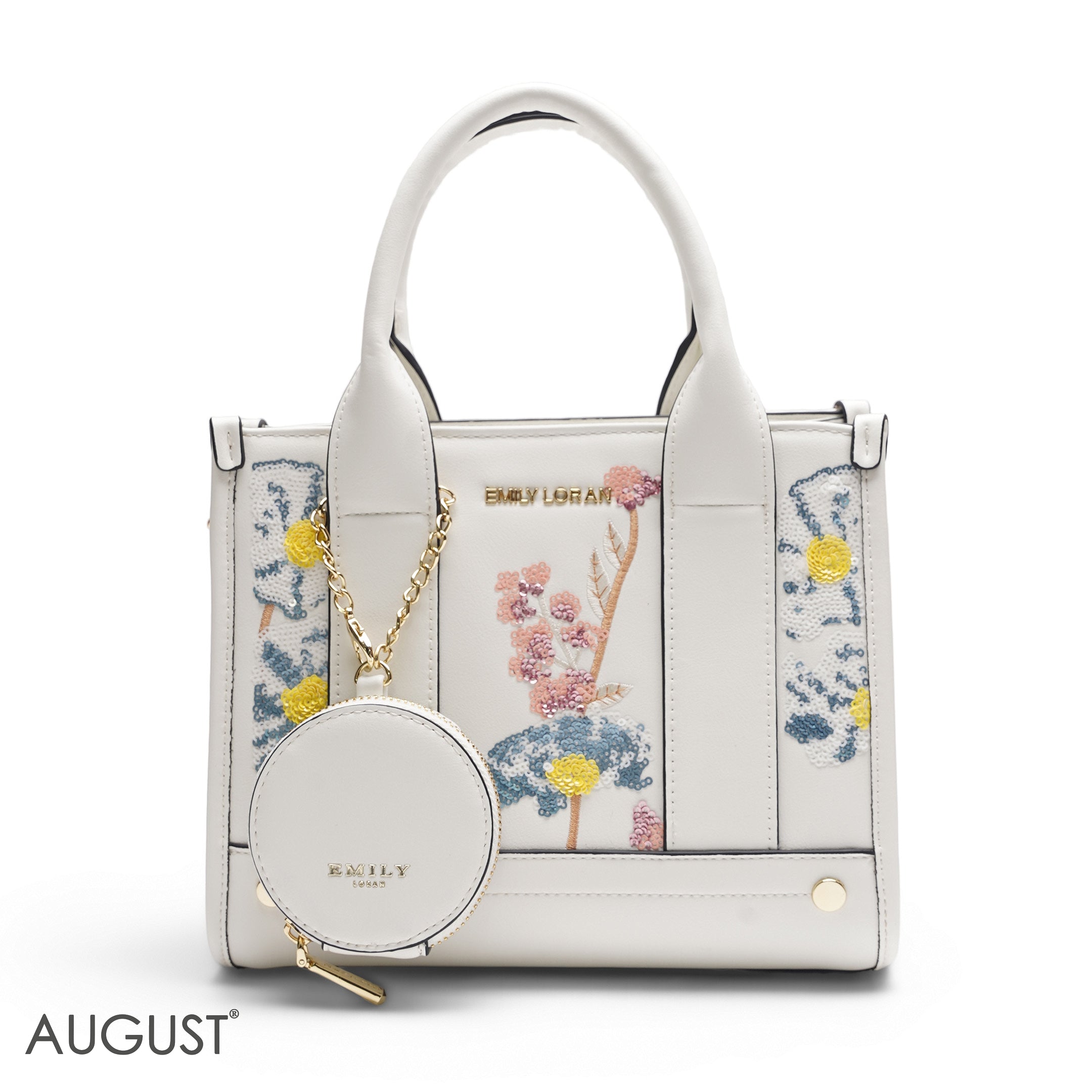 WHITE SEQUIN FLORAL TOTE WITH ROUND POUCH - MED