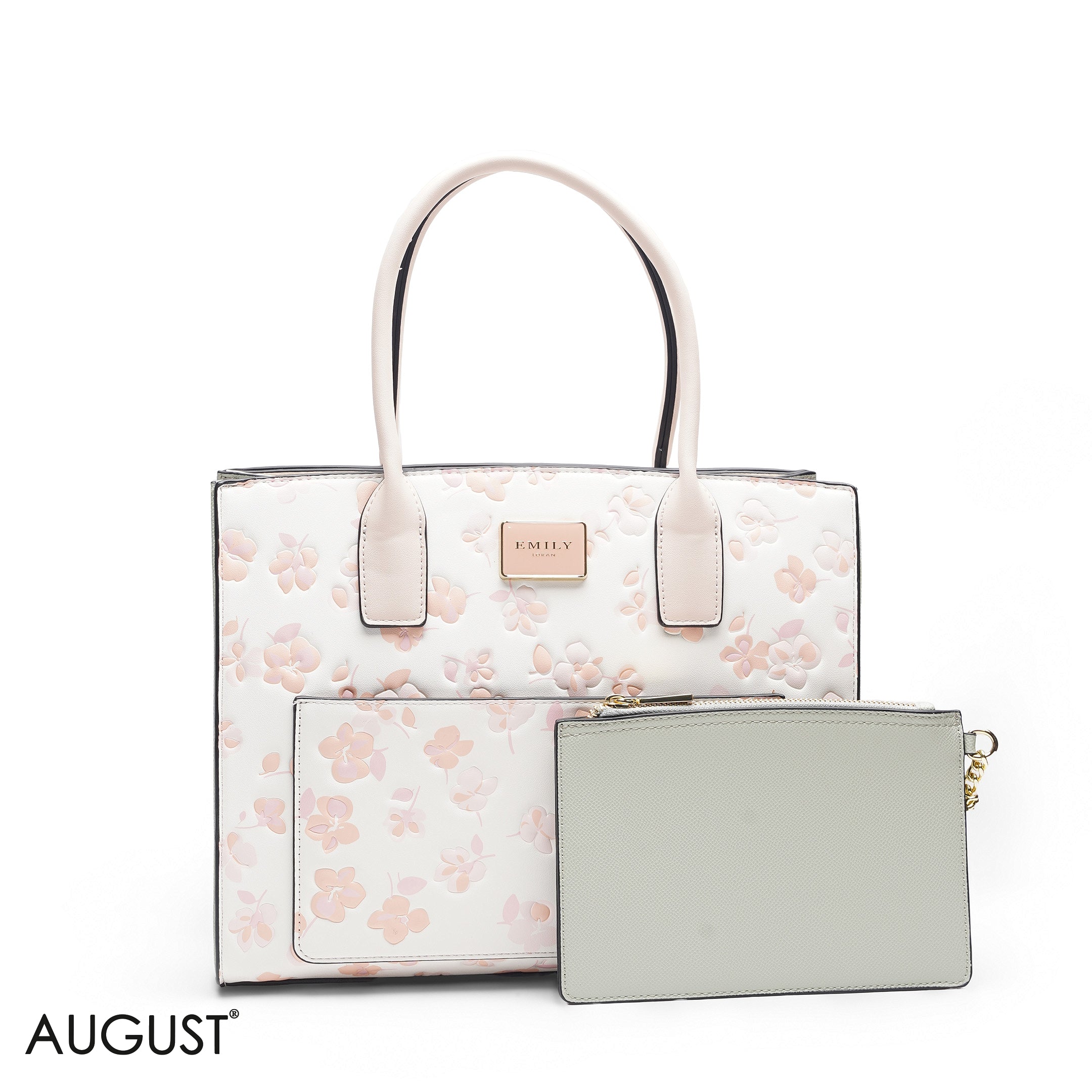 WHITE FLORAL TOTE WITH GREEN POUCH
