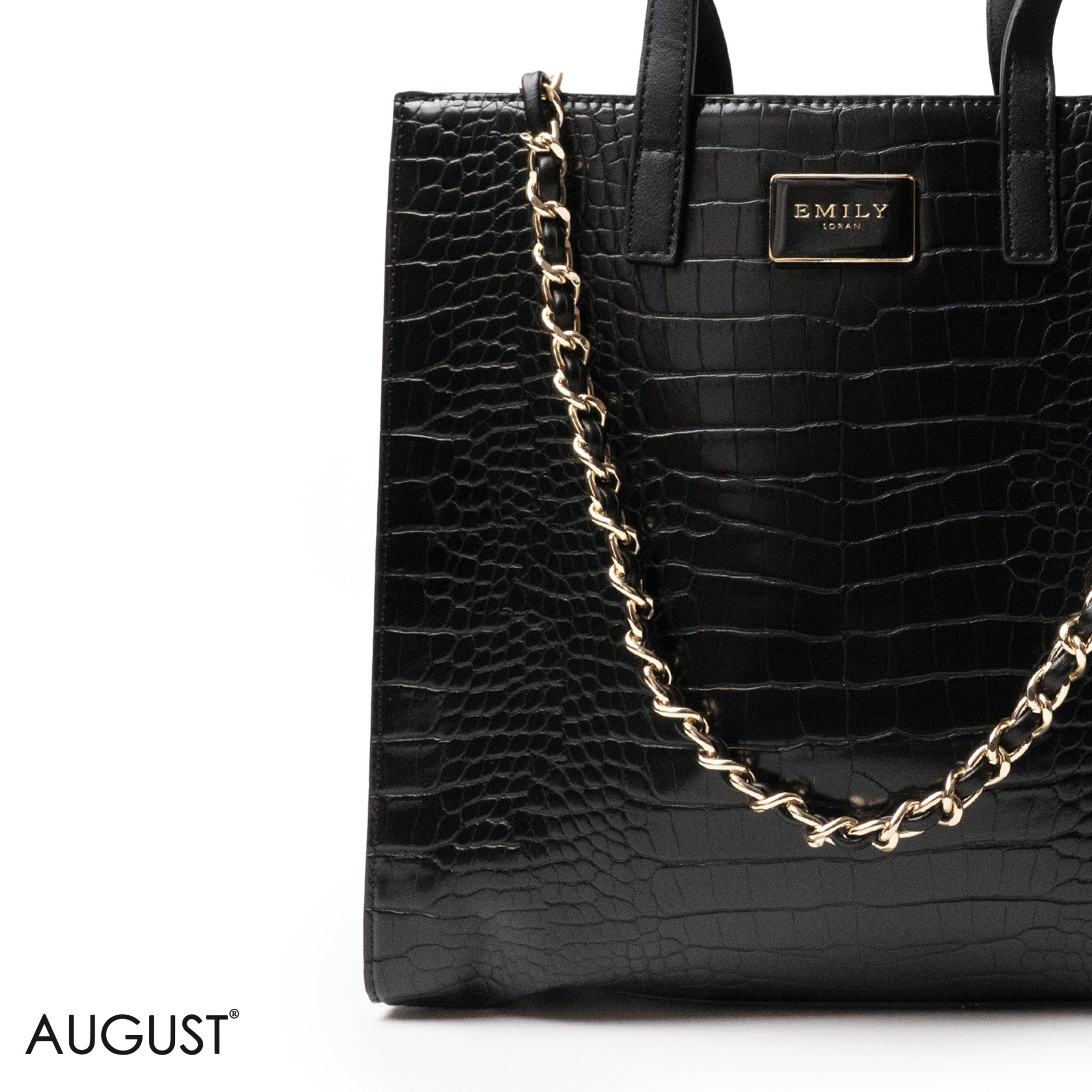 BLACK CROCODILE LEATHER HANDBAG WITH METAL CHAIN - LARGE