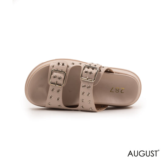 BEIGE LEATHER SLIPPERS WITH METAL EYELETS AND BUCKLE