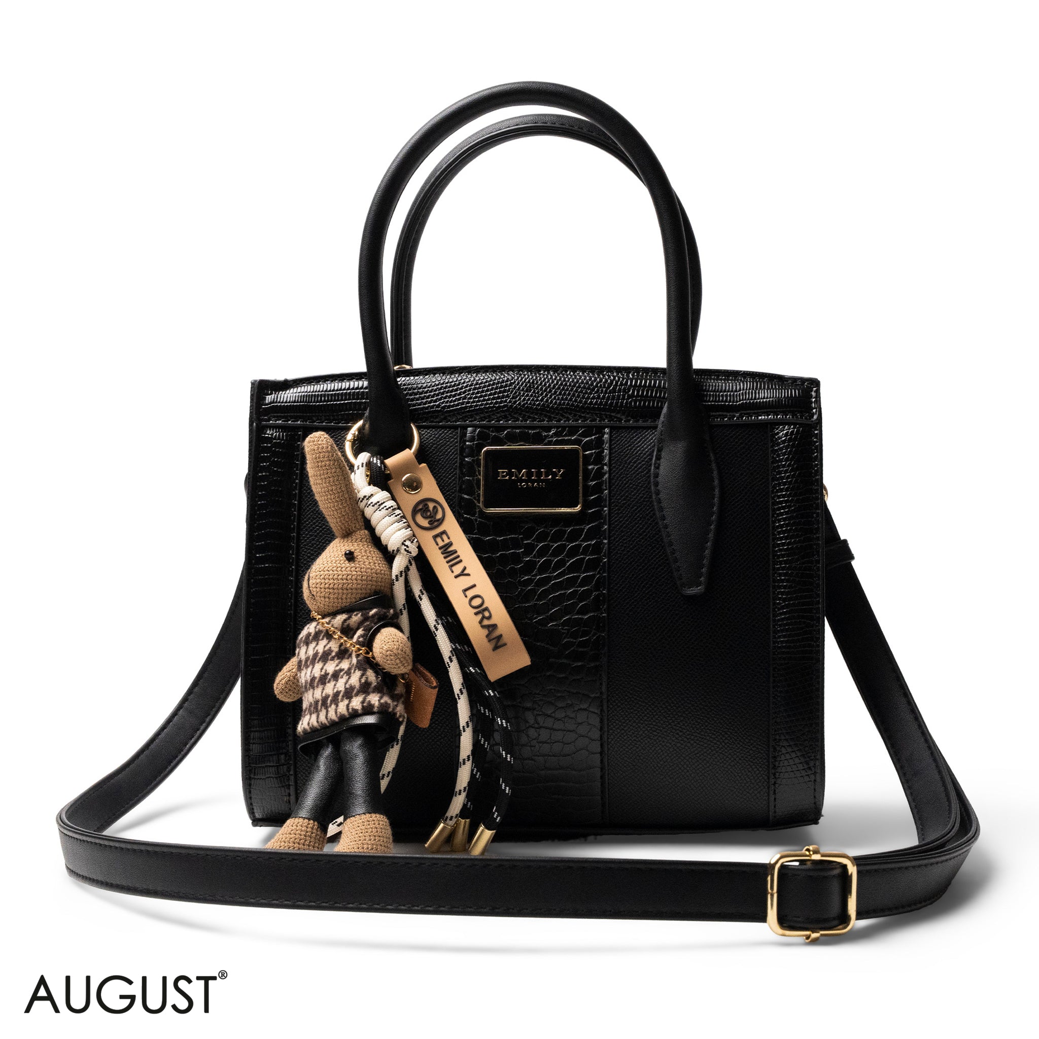 BLACK SMOOTH LEATHER HANDBAG WITH ACCESSORIES -MED