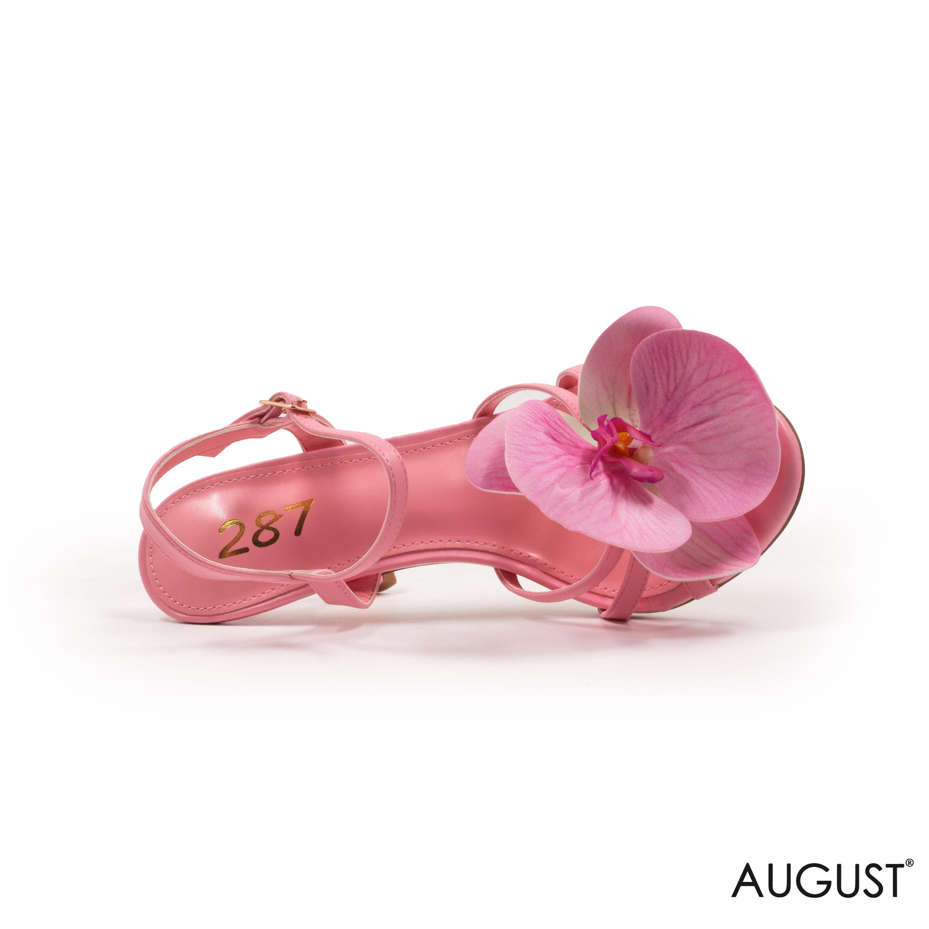 PINK LEATHER HEELED SANDAL WITH DETAILS FLOWER
