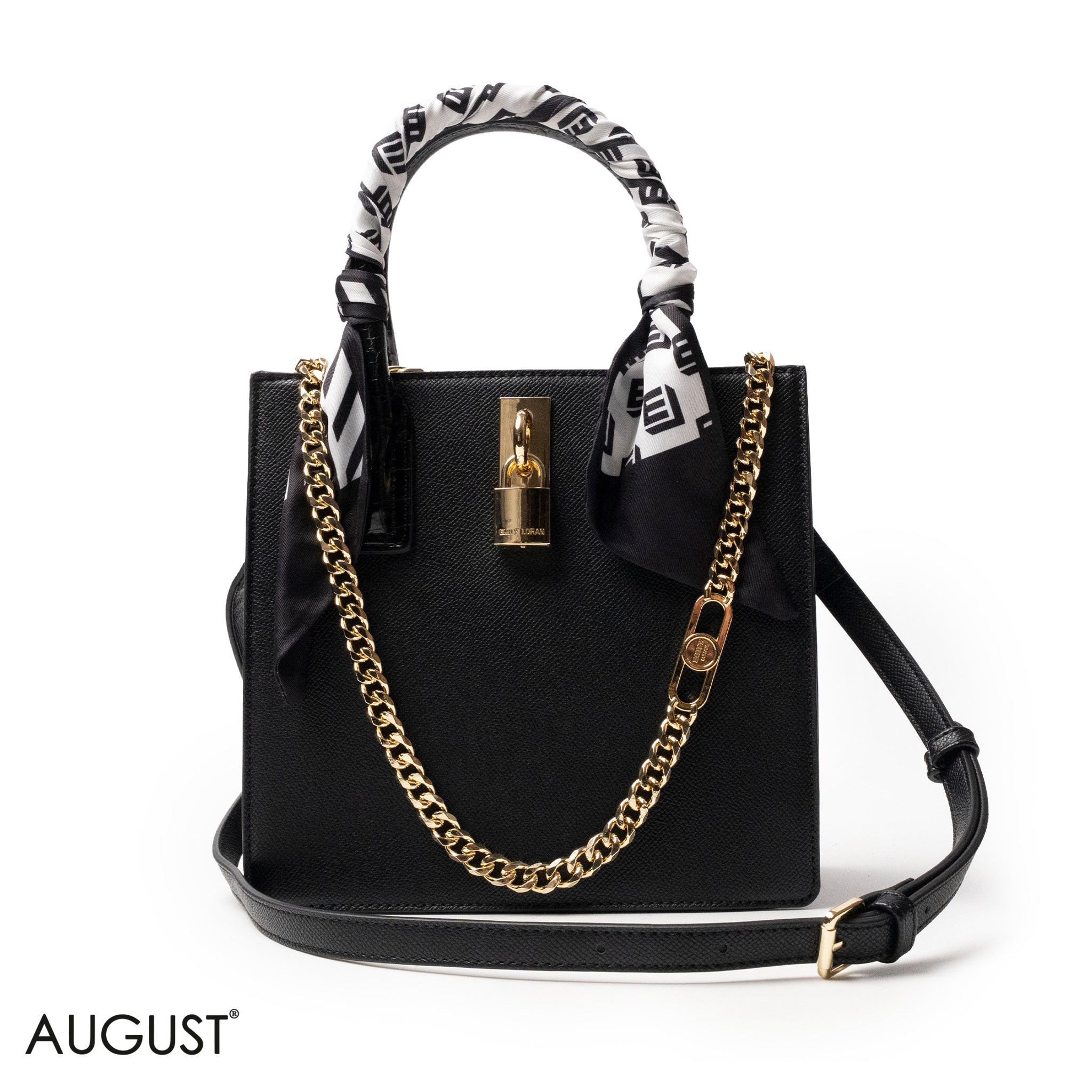 BLACK LEATHER HANDBAG WITH SILKY SCARF, METAL CHAIN - MED