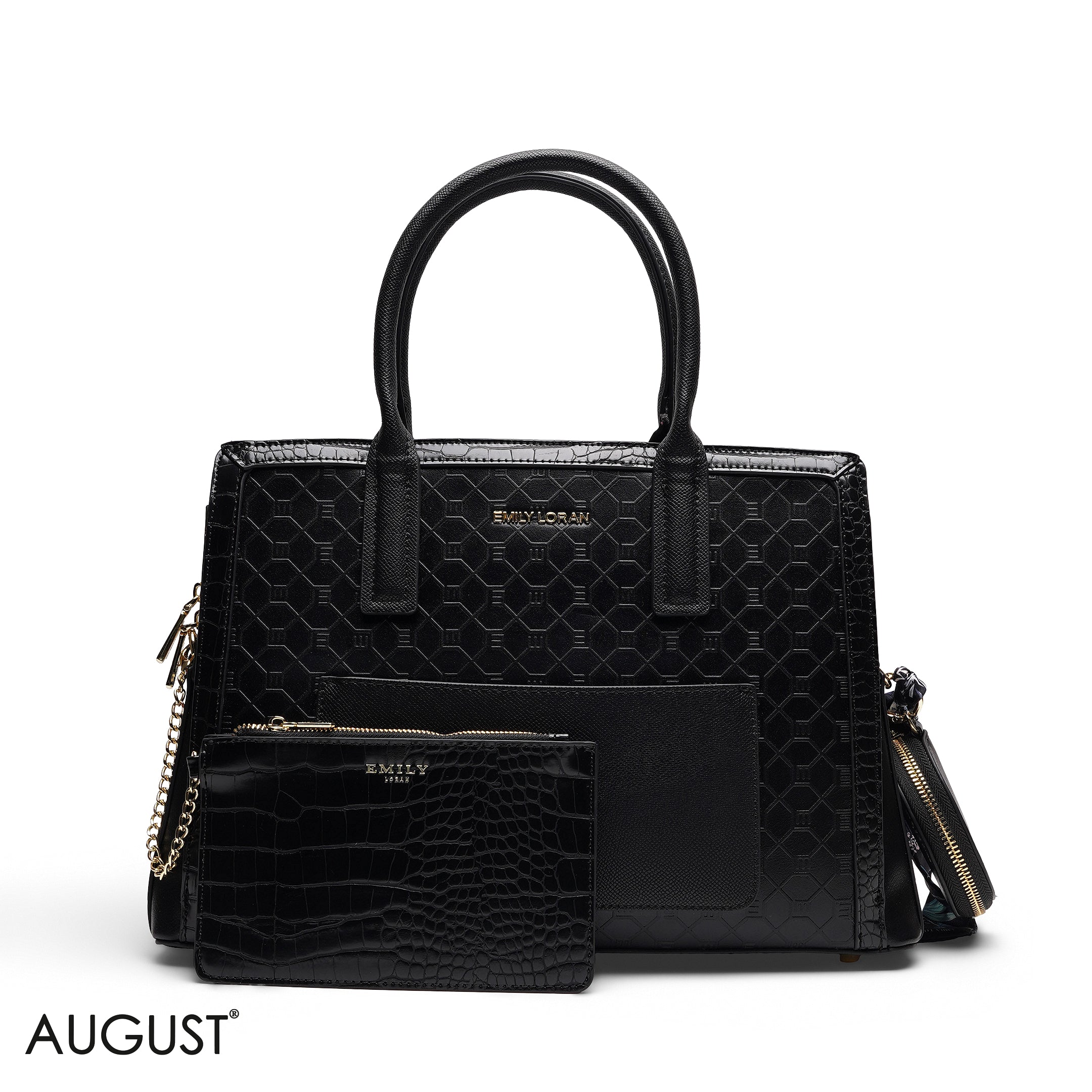 EMBOSSED TOP-HANDLE MULTI-POUCH TOTE BAG SET
