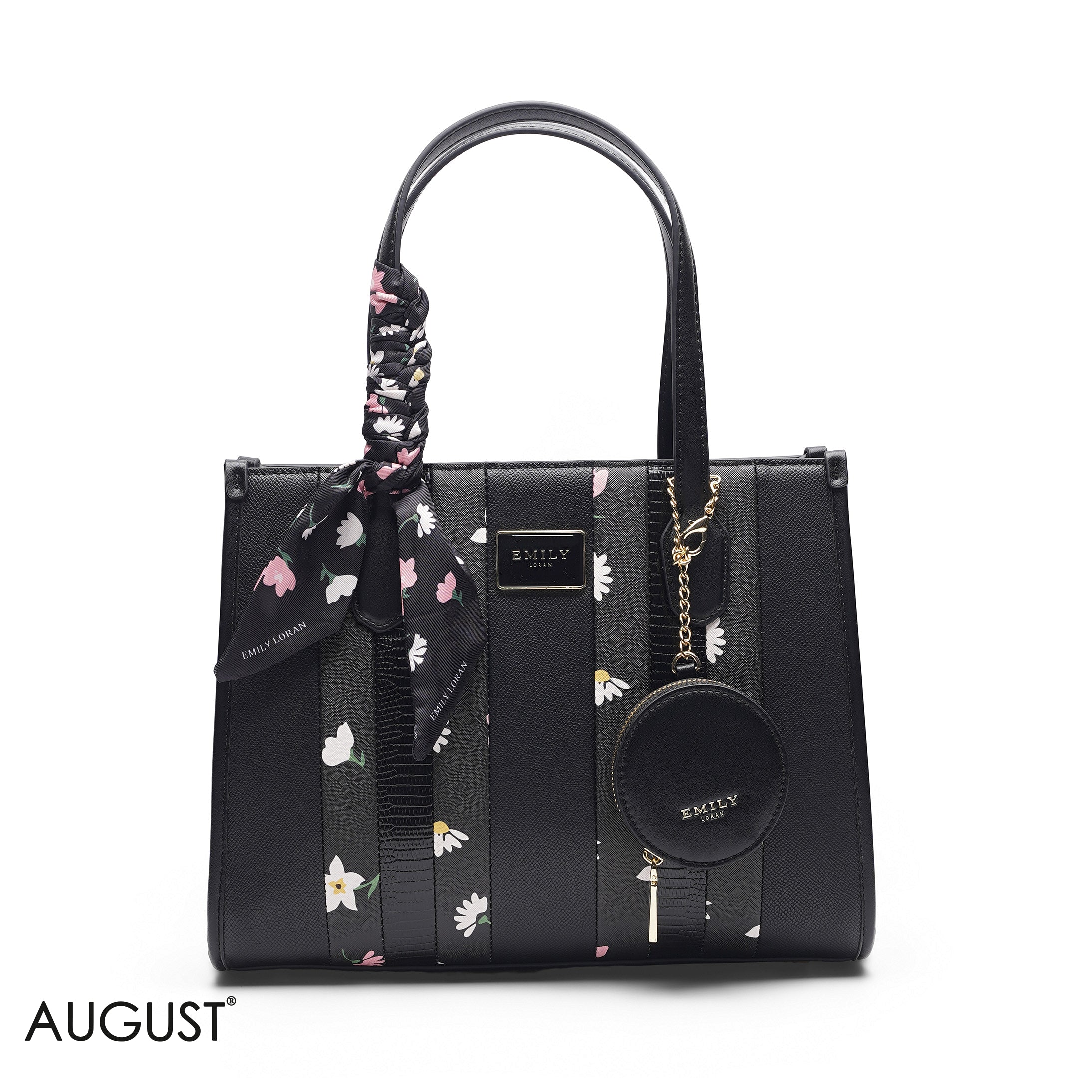 BLACK FLORAL TOTE WITH POUCH - LARGE