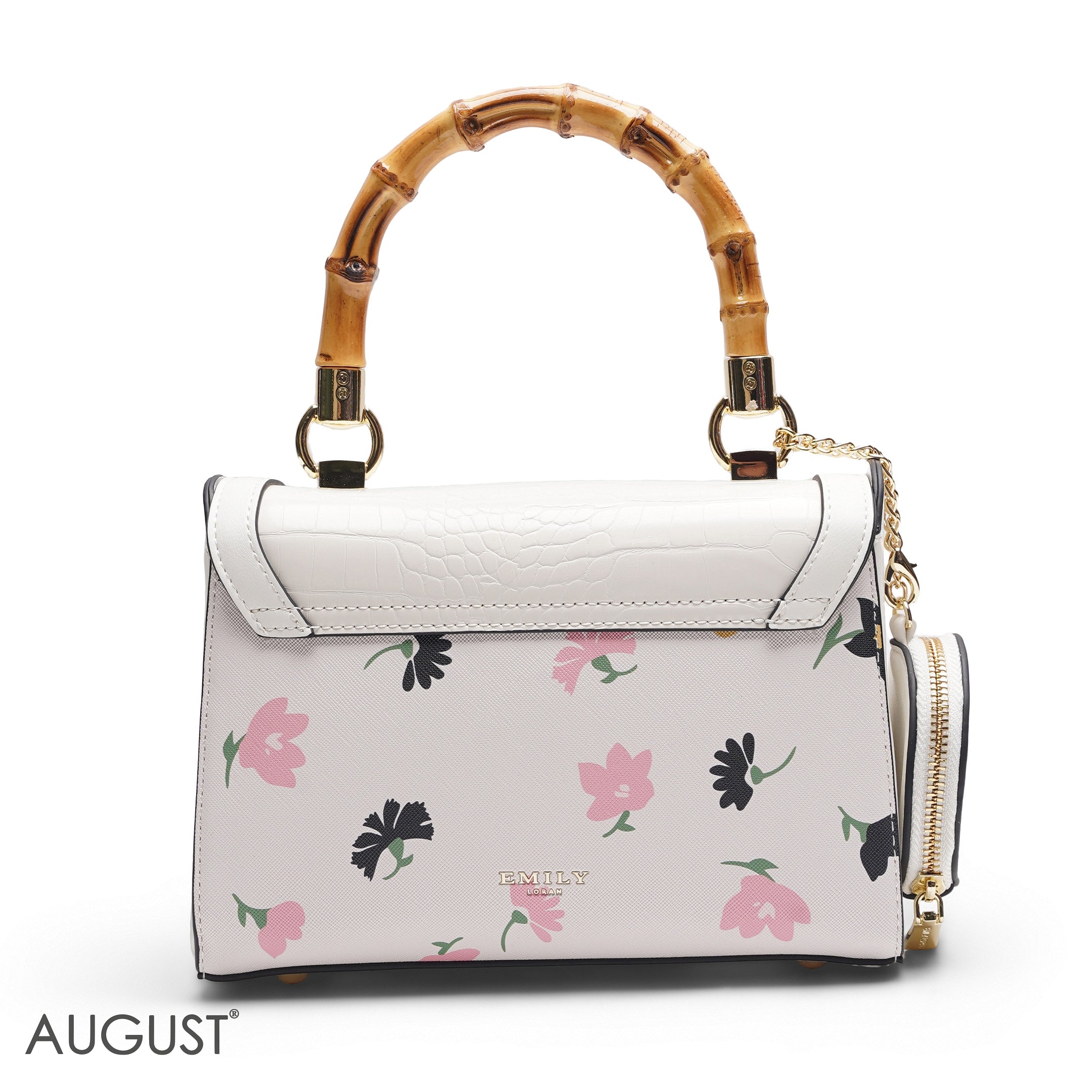 WHITE FLORAL BAMBOO HANDLE BAG WITH ROUND POUCH