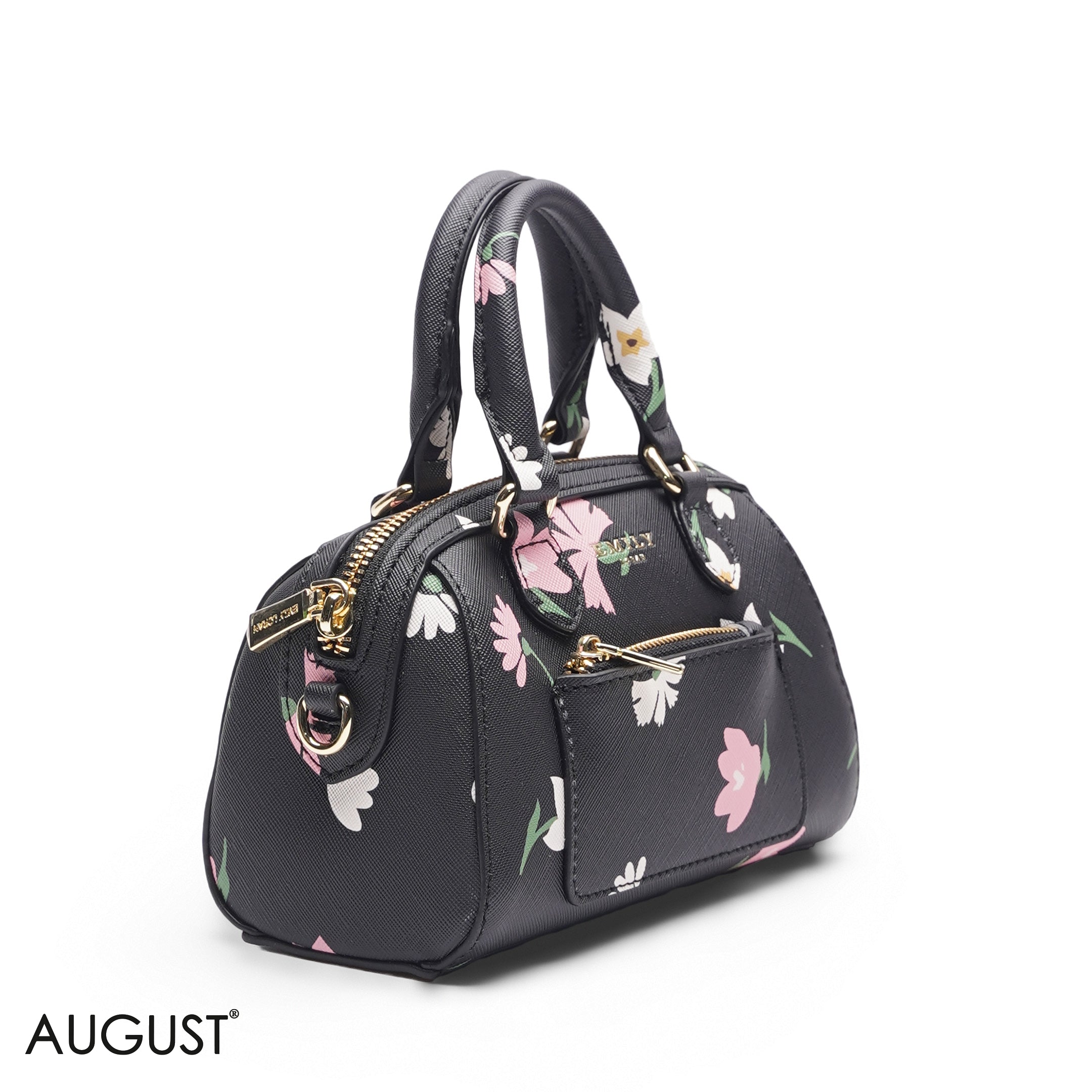 MINI BLACK FLORAL BAG WITH FRONT POUCH & GOLD CHAIN